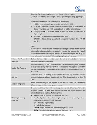 FIRMWARE VERSION 1.0.6.11 GXP1160/GXP1165 USER MANUAL Page 43 of 65
Example of a simple dial plan used in a Home/Office in the US:
{ ^1900x. | <=1617>[2-9]xxxxxx | 1[2-9]xx[2-9]xxxxxx | 011[2-9]x. | [3469]11 }
Explanation of example rule (reading from left to right):
 ^1900x. - prevents dialing any number started with 1900;
 <=1617>[2-9]xxxxxx - allows dialing to local area code (617) numbers by
dialing 7 numbers and 1617 area code will be added automatically;
 1[2-9]xx[2-9]xxxxxx |- allows dialing to any US/Canada Number with 11
digits length;
 011[2-9]x - allows international calls starting with 011;
 [3469]11 - allows dialing special and emergency numbers 311, 411, 611
and 911.
Note:
In some cases where the user wishes to dial strings such as *123 to activate
voice mail or other applications provided by their service provider, the * should
be predefined inside the dial plan feature. An example dial plan will be: { *x+ }
which allows the user to dial * followed by any length of numbers.
Delayed Call Forward
Wait Time
Defines the timeout (in seconds) before the call is forwarded on no answer.
The default value is 20 seconds.
Enable Call Features
The default setting is "Yes". When enabled, call features using star codes will
be supported locally. If set to "No", Call Features and DND options under LCD
menu are supported. And ForwardAll soft key will not be displayed in LCD for
Account 1.
Call Log
Configures Call Log setting on the phone. You can log all calls, only log
incoming/outgoing calls or disable call log. The default setting is "Log All
Calls".
Account Ring Tone
Allows users to configure the ringtone for the account. Users can choose from
different ringtones from the dropdown menu.
Matching Incoming
Caller ID
Specifies matching rules with number, pattern or Alert Info text. When the
incoming caller ID or Alert Info matches the rule, the phone will ring with
selected distinctive ringtone. Matching rules:
 Specific caller ID number. For example, 8321123;
 A defined pattern with certain length using x and + to specify, where x
could be any digit from 0 to 9. Samples:
xx+ : at least 2-digit number;
xx : only 2-digit number;
[345]xx: 3-digit number with the leading digit of 3, 4 or 5;
[6-9]xx: 3-digit number with the leading digit from 6 to 9.
 