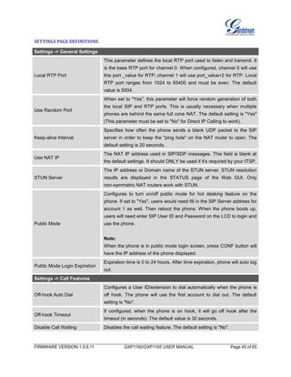 FIRMWARE VERSION 1.0.6.11 GXP1160/GXP1165 USER MANUAL Page 45 of 65
SETTINGS PAGE DEFINITIONS
Settings -> General Settings
Local RTP Port
This parameter defines the local RTP port used to listen and transmit. It
is the base RTP port for channel 0. When configured, channel 0 will use
this port _value for RTP; channel 1 will use port_value+2 for RTP. Local
RTP port ranges from 1024 to 65400 and must be even. The default
value is 5004.
Use Random Port
When set to "Yes", this parameter will force random generation of both
the local SIP and RTP ports. This is usually necessary when multiple
phones are behind the same full cone NAT. The default setting is "Yes"
(This parameter must be set to "No" for Direct IP Calling to work).
Keep-alive Interval
Specifies how often the phone sends a blank UDP packet to the SIP
server in order to keep the "ping hole" on the NAT router to open. The
default setting is 20 seconds.
Use NAT IP
The NAT IP address used in SIP/SDP messages. This field is blank at
the default settings. It should ONLY be used if it's required by your ITSP.
STUN Server
The IP address or Domain name of the STUN server. STUN resolution
results are displayed in the STATUS page of the Web GUI. Only
non-symmetric NAT routers work with STUN.
Public Mode
Configures to turn on/off public mode for hot desking feature on the
phone. If set to "Yes", users would need fill in the SIP Server address for
account 1 as well. Then reboot the phone. When the phone boots up,
users will need enter SIP User ID and Password on the LCD to login and
use the phone.
Note:
When the phone is in public mode login screen, press CONF button will
have the IP address of the phone displayed.
Public Mode Login Expiration
Expiration time is 0 to 24 hours. After time expiration, phone will auto log
out.
Settings -> Call Features
Off-hook Auto Dial
Configures a User ID/extension to dial automatically when the phone is
off hook. The phone will use the first account to dial out. The default
setting is "No".
Off-hook Timeout
If configured, when the phone is on hook, it will go off hook after the
timeout (in seconds). The default value is 30 seconds.
Disable Call Waiting Disables the call waiting feature. The default setting is "No".
 