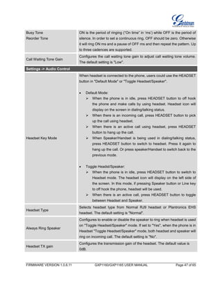FIRMWARE VERSION 1.0.6.11 GXP1160/GXP1165 USER MANUAL Page 47 of 65
Busy Tone
Reorder Tone
ON is the period of ringing (“On time” in ‘ms’) while OFF is the period of
silence. In order to set a continuous ring, OFF should be zero. Otherwise
it will ring ON ms and a pause of OFF ms and then repeat the pattern. Up
to three cadences are supported.
Call Waiting Tone Gain
Configures the call waiting tone gain to adjust call waiting tone volume.
The default setting is "Low".
Settings -> Audio Control
Headset Key Mode
When headset is connected to the phone, users could use the HEADSET
button in "Default Mode" or "Toggle Headset/Speaker".
 Default Mode:
 When the phone is in idle, press HEADSET button to off hook
the phone and make calls by using headset. Headset icon will
display on the screen in dialing/talking status.
 When there is an incoming call, press HEADSET button to pick
up the call using headset.
 When there is an active call using headset, press HEADSET
button to hang up the call.
 When Speaker/Handset is being used in dialing/talking status,
press HEADSET button to switch to headset. Press it again to
hang up the call. Or press speaker/Handset to switch back to the
previous mode.
 Toggle Headst/Speaker:
 When the phone is in idle, press HEADSET button to switch to
Headset mode. The headset icon will display on the left side of
the screen. In this mode, if pressing Speaker button or Line key
to off hook the phone, headset will be used.
 When there is an active call, press HEADSET button to toggle
between Headset and Speaker.
Headset Type
Selects headset type from Normal RJ9 headset or Plantronics EHS
headset. The default setting is "Normal".
Always Ring Speaker
Configures to enable or disable the speaker to ring when headset is used
on "Toggle Headset/Speaker" mode. If set to "Yes", when the phone is in
Headset "Toggle Headset/Speaker" mode, both headset and speaker will
ring on incoming call. The default setting is "No".
Headset TX gain
Configures the transmission gain of the headset. The default value is
0dB.
 