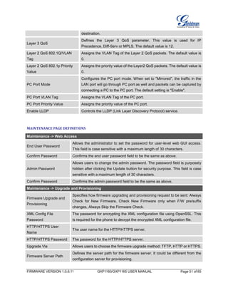 FIRMWARE VERSION 1.0.6.11 GXP1160/GXP1165 USER MANUAL Page 51 of 65
destination.
Layer 3 QoS
Defines the Layer 3 QoS parameter. This value is used for IP
Precedence, Diff-Serv or MPLS. The default value is 12.
Layer 2 QoS 802.1Q/VLAN
Tag
Assigns the VLAN Tag of the Layer 2 QoS packets. The default value is
0.
Layer 2 QoS 802.1p Priority
Value
Assigns the priority value of the Layer2 QoS packets. The default value is
0.
PC Port Mode
Configures the PC port mode. When set to "Mirrored", the traffic in the
LAN port will go through PC port as well and packets can be captured by
connecting a PC to the PC port. The default setting is "Enable".
PC Port VLAN Tag Assigns the VLAN Tag of the PC port.
PC Port Priority Value Assigns the priority value of the PC port.
Enable LLDP Controls the LLDP (Link Layer Discovery Protocol) service.
MAINTENANCE PAGE DEFINITIONS
Maintenance -> Web Access
End User Password
Allows the administrator to set the password for user-level web GUI access.
This field is case sensitive with a maximum length of 30 characters.
Confirm Password Confirms the end user password field to be the same as above.
Admin Password
Allows users to change the admin password. The password field is purposely
hidden after clicking the Update button for security purpose. This field is case
sensitive with a maximum length of 30 characters.
Confirm Password Confirms the admin password field to be the same as above.
Maintenance -> Upgrade and Provisioning
Firmware Upgrade and
Provisioning
Specifies how firmware upgrading and provisioning request to be sent: Always
Check for New Firmware, Check New Firmware only when F/W pre/suffix
changes, Always Skip the Firmware Check.
XML Config File
Password
The password for encrypting the XML configuration file using OpenSSL. This
is required for the phone to decrypt the encrypted XML configuration file.
HTTP/HTTPS User
Name
The user name for the HTTP/HTTPS server.
HTTP/HTTPS Password The password for the HTTP/HTTPS server.
Upgrade Via Allows users to choose the firmware upgrade method: TFTP, HTTP or HTTPS.
Firmware Server Path
Defines the server path for the firmware server. It could be different from the
configuration server for provisioning.
 