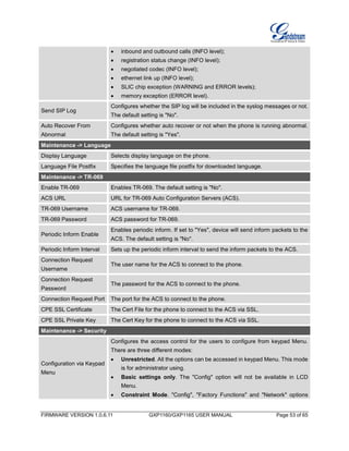 FIRMWARE VERSION 1.0.6.11 GXP1160/GXP1165 USER MANUAL Page 53 of 65
 inbound and outbound calls (INFO level);
 registration status change (INFO level);
 negotiated codec (INFO level);
 ethernet link up (INFO level);
 SLIC chip exception (WARNING and ERROR levels);
 memory exception (ERROR level).
Send SIP Log
Configures whether the SIP log will be included in the syslog messages or not.
The default setting is "No".
Auto Recover From
Abnormal
Configures whether auto recover or not when the phone is running abnormal.
The default setting is "Yes".
Maintenance -> Language
Display Language Selects display language on the phone.
Language File Postfix Specifies the language file postfix for downloaded language.
Maintenance -> TR-069
Enable TR-069 Enables TR-069. The default setting is "No".
ACS URL URL for TR-069 Auto Configuration Servers (ACS).
TR-069 Username ACS username for TR-069.
TR-069 Password ACS password for TR-069.
Periodic Inform Enable
Enables periodic inform. If set to "Yes", device will send inform packets to the
ACS. The default setting is "No".
Periodic Inform Interval Sets up the periodic inform interval to send the inform packets to the ACS.
Connection Request
Username
The user name for the ACS to connect to the phone.
Connection Request
Password
The password for the ACS to connect to the phone.
Connection Request Port The port for the ACS to connect to the phone.
CPE SSL Certificate The Cert File for the phone to connect to the ACS via SSL.
CPE SSL Private Key The Cert Key for the phone to connect to the ACS via SSL.
Maintenance -> Security
Configuration via Keypad
Menu
Configures the access control for the users to configure from keypad Menu.
There are three different modes:
 Unrestricted. All the options can be accessed in keypad Menu. This mode
is for administrator using.
 Basic settings only. The "Config" option will not be available in LCD
Menu.
 Constraint Mode. "Config", "Factory Functions" and "Network" options
 