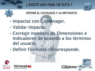 • Impactar con GxManager.
• Validar impacto.
• Corregir nombres de Dimensiones e
Indicadores de acuerdo a los términos
del usuario.
• Definir Formulas si corresponde.
 