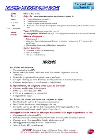 ALFORDIF - 04 32 74 10 69 - Site Internet: http://www.alfordif.fr
12
Durée
2 jours — 14 heures
Maximum 10 personnes
Dates 2017
4 et 5 mai
CONDUITE ET ANIMATION D’UNE REUNION
Valeur
765 € HT/personne
Le formateur
Claire Unterstock
Ingénieur
Diplôme Universitaire de
Formation d’Adultes
Ancien directeur d’usine
Formateur en
management et
communication
depuis 3 ans
ou
Rollande Masson
Licence de Psychologie
sociale
DESS Gestion des RH
Formatrice Management
et communication depuis
35 ans
PROGRAMME
Qu’est ce que le Changement ?
 Définition
 L’implication nécessaire de la direction, les relais (cadres, maîtrise)
 La(es) culture(s) d’entreprise(s)
La démarche de conduite du changement
 Les facteurs du changement
 La conduite du changement
La résistance au changement
 Les causes : individuelles, collectives
 Les causes : conjoncturelle, structurelles, organisationnelles
 Les manifestations de la résistance au changement
Les leviers du changement
 La communication : expliquer
 La consultation : préparer
 La négociation : obtenir un consensus
 La formation : accompagner
 Le soutien : aider.
Public : Cadres, managers confrontés au changement dans son entreprise.
Pré-requis : Savoir lire, écrire et s’exprimer en français. Un questionnaire de po-
sitionnement, d’analyse des besoins (types de changements envisagés/vécus) et
motivations est adressé au stagiaire en amont de la formation
Objectifs : au terme de la formation, le stagiaire sera capable de :
 Comprendre les comportements humains face au changement
 Accompagner les collaborateurs dans les différentes phases du changement
 S’approprier les outils pour anticiper les difficultés liées aux situations de chan-
gement
Méthodes et moyens pédagogiques :
 Réflexion, analyse et entraînement pratique sur des cas concrets apportés par les
participants.
 Enseignement didactique sur la partie : résistance au changement (psychologie
comportementale).
 Jeu de société sur le thème du Changement
 Vidéoprojecteur, caméscope, écran,
 Formation présentielle
Suivi et évaluation :
 Questionnaire de mesure du taux de satisfaction des stagiaires
 Feuille d’émargement quotidienne
 Évaluation régulière en cours et en fin de formation (quizz, tests, QCM…)
 Hot line avec le formateur pendant la formation
 Attestation de fin de formation
 Un questionnaire d’évaluation est adressé au stagiaire et au service RH six
mois après l’action afin de mesurer le ROI.
 