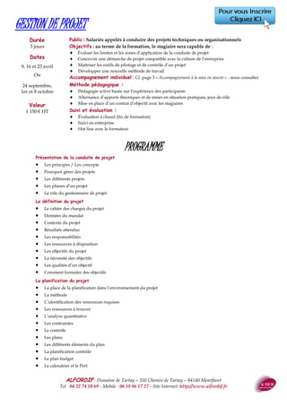 ALFORDIF - 04 32 74 10 69 - Site Internet: http://www.alfordif.fr
14
Durée
3 jours — 21 heures
Dates 2017
6, 7 et 8 juin
Ou
23, 30 novembre
et 7 décembre
FORMATION DE FORMATEUR
Préparation de l'action formation
 Sujet, thème et buts de l'action de formation
 Détermination de la durée
 Caractéristiques du public à former
 Cadre matériel de la séance de formation
Contenu de la formation
 Rappel de l'objectif visé
 Recensement de l'information disponible
 Organisation du contenu : plan et fil conducteur
 Préparation des aides pédagogiques :
 Visuelles : transparents, photos, diapos, tableaux, paperboard
 Audiovisuelles : utilisation du caméscope, du magnétoscope,
 Informatiques et techniques
Déroulement de la formation
 Présentation de la formation et introduction
 Phases successives du plan : exposés et discussions
 Animation du groupe : mettre à l'aise, intéresser, maintenir l'attention
 Expression et comportement : efforts d'élocution, gestes et attitudes
 Conclusion : retour sur l'ensemble, points importants, questions
Évaluation de la formation
 Évaluations partielles :
 Questionnaire technique : évaluation des savoir-faire avant la formation
 Questions orales en ouverture de séances
 Évaluation finale :
 Mise en application immédiate
 Validation des connaissances par évaluation des savoir-faire après la formation
PROGRAMME
Valeur
1300 € HT
Public : Formateurs occasionnels amenés à transmettre leurs compétences
Pré-requis : être détenteur d’un savoir faire professionnel
Objectifs : au terme de la formation, le stagiaire sera capable de :
 Se positionner dans son rôle de formateur-tuteur avec une approche de la péda-
gogie des adultes
 Maîtriser les bases nécessaires à la réalisation d'actions de formation
 Bâtir les outils et les aides pédagogiques
Méthode et moyens pédagogiques :
 Alternance d’apports théoriques et de mises en pratique
 Jeux de rôle
 Vidéoprojecteur, tablette, Smartphone, ordinateur
Suivi et évaluation :
 Questionnaire d’évaluation en amont de la formation
 Feuille d’émargement quotidienne
 Évaluation régulière en cours de formation (quizz, tests, QCM…)
 Hot line avec le formateur pendant la formation
 Attestation de fin de formation
 Accompagnement individuel en option
Le formateur
DESS
Gestion des entreprises
30 ans d’expérience en
formation
management et
communication
 