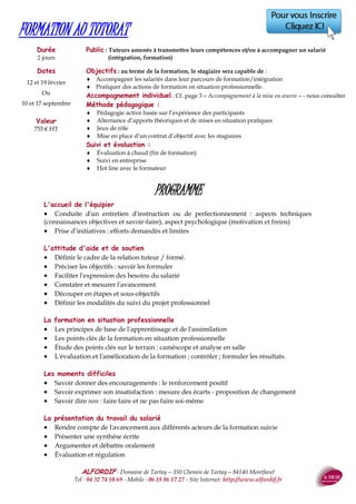 ALFORDIF - 04 32 74 10 69 - Site Internet: http://www.alfordif.fr
17
Durée
2 jours — 14 heures
PRÉPARATION À LA RETRAITE
PROGRAMME
Dates 2017
Nous contacter
Valeur
825 € HT
Public : tout public à partir de 45 ans
Pré-requis : être en activité professionnelle
Objectifs : au terme de la formation, le stagiaire sera capable de :
 Organiser son mode de vie
 Gérer le changement d’habitudes et de comportements
 Transmettre son savoir et son savoir faire
 Déterminer ses besoins et ses aspirations
Méthode et moyens pédagogiques :
 Alternance d’apports théoriques et de mises en pratique
 Videoprojecteur, Internet
Suivi et évaluation :
 Questionnaire d’évaluation en amont de la formation
 Feuille d’émargement quotidienne
 Évaluation régulière en cours de formation (quizz, tests, QCM…)
 Hot line avec le formateur pendant la formation
 Attestation de fin de formation
 Accompagnement individuel en option
Le formateur
DESS
Gestion des entreprises
30 ans d’expérience en
formation
management et économie
Principes de calcul de la retraite
Les salariés du secteur privé
 Le salaire annuel moyen
 Le taux
 La durée d’assurance au régime général
 Les majorations
 La décote
 La surcote
Les autres régimes
La retraite complémentaire
 L’ARRCO
 L’AGIRC
 Autres régimes
La cessation d’activité
Le paiement
La retraite de réversion
L’assurance vie
La poursuite d’activité
 L’assurance dépendance
La complémentaire santé
Cas particuliers :
 Travailleur handicapé
 Travail avec un parent
 Tierce personne
 Les longues carrières
Etablir ses priorités
 Choix du lieu de vie
 Choix du mode de vie
 Contraintes personnelles et familiales
Projections sur l’avenir
 Avoir un projet personnel
 Travailler sous quelle forme ?
 Les missions de tutorat et d’accompa-
gnement
Les aspects psychologiques du départ
 La phase de transition : la détente et la
vie sociale
 Le bilan de santé
 L’organisation du quotidien
 La gestion du stress
 De nouveaux loisirs
Projet personnel
 Concrétisation et mise en œuvre
 