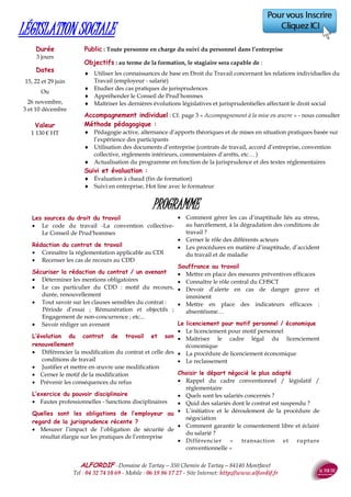 ALFORDIF - 04 32 74 10 69 - Site Internet: http://www.alfordif.fr
21
Durée
2 jours — 14 heures
LE TELEPHONE : IMAGE DE MARQUE
PROGRAMME
La communication téléphonique
 Évaluation au démarrage de la forma-
tion : bilan des points faibles à optimiser et
des points forts en matière d’accueil télépho-
nique
L’accueil téléphonique
 L’accueil, le sourire, la voix et l’élocution
 L’identification du correspondant
 Savoir-faire patienter
 La recherche du destinataire de l’appel
 Le passage de la communication
 Savoir filtrer les communications
 Savoir appeler ou rappeler
 Le langage adapté au téléphone : les tics
verbaux, le langage positif, la reformula-
tion, savoir laisser un message sur un ré-
pondeur
Recevoir et analyser une demande ou un
appel
 Savoir écouter pour traiter ou transmettre
 Savoir reformuler pour traiter de façon
optimale les attentes du correspondant
 Donner suite à une réclamation, afin de
diriger vers la personne compétente ou le
service compétent
 Adapter son attitude à son interlocuteur
 Les cas particuliers : les bavards, les timi-
des, les inquiets, les mécontents, les
agressifs…
Le téléphone : outil commercial
 La découverte des besoins
 La construction d’un argumentaire
 La vente promotionnelle
 Le traitement des objections
 La conclusion
Dates
1 et 2 juin
Ou
7 et 14 décembre
Valeur
875 € HT
Public : Toute personne souhaitant améliorer sa communication par téléphone
Pré-requis : Aucun
Objectifs : au terme de la formation, le stagiaire sera capable de :
 Valoriser l’image de marque de l’entreprise
 Accueillir et diriger un correspondant ou un client
 Gérer les réclamations
 Mettre en avant certaines offres commerciales
Méthode et moyens pédagogiques :
 Alternance d’apports théoriques et de mises en pratique
 Pédagogie active basée sur l’expérience des participants
 Videoprojecteur, téléphones, camescope
Suivi et évaluation :
 Questionnaire d’évaluation en amont de la formation
 Feuille d’émargement quotidienne
 Évaluation régulière en cours de formation (quizz, tests, QCM…)
 Hot line avec le formateur pendant la formation
 Attestation de fin de formation
 Accompagnement individuel en option
Le formateur
Diplômé en Management
Industriel
Maitre praticien PNL
Ancien responsable
commercial
 