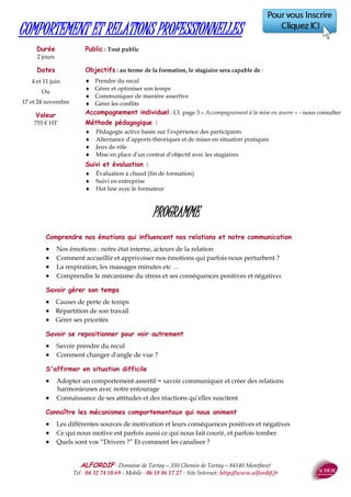 ALFORDIF - 04 32 74 10 69 - Site Internet: http://www.alfordif.fr
30
ANGLAIS PERFECTIONNEMENT
Durée
42 heures
PROGRAMME
Dates 2017
Nous consulter
Public : toute personne voulant perfectionner son anglais
Pré-requis : Maitriser les bases de la langue
Objectifs : au terme de la formation, le stagiaire sera capable de :
 Maitriser les règles de base de la langue
 Communiquer dans la langue usuelle & professionnelle
Méthode et moyens pédagogiques :
 Alternance d’apports théoriques et de mises en prati-
que
 Jeux de rôle
 Vidéoprojecteur, tablette, Smartphone, ordinateur
Suivi et évaluation :
 Questionnaire d’évaluation en amont de la formation
 Feuille d’émargement quotidienne
 Évaluation régulière en cours de formation (quizz, tests, QCM…)
 Attestation de fin de formation
Le formateur
Master de Langues
5 ans d’expérience dans la
formation
Compréhension de la langue
 Compréhension écrite : Comprendre les documents en Anglais utilisés dans le contexte professionnel : do-
cuments techniques, notices, emails, synthèses, comptes-rendus,…
 Grammaire : Compréhension des structures de phrase, amélioration des formulations.
 Compréhension orale : Conversation avec l’intervenant, compréhension, exercice, mise en situation.
 Vocabulaire : Acquérir ou enrichir le vocabulaire.
 Savoir rédiger des documents commerciaux (lettres, e-mails, faxes) en Anglais.
Acquisition du vocabulaire
 - Améliorer la qualité des échanges professionnels au téléphone et en face-à-face.
 Les outils vous permettant de rester maître des situations imprévues ou litigieuses.
 Etude du vocabulaire propre au domaine d’activité de votre entreprise et à vos activités professionnelles
quotidiennes.- et montants, mots de liaison, formules de salutation).
 Les expressions à connaître pour gérer une conversation (accueillir et transférer un appel, prendre un mes-
sage, fixer un RV, prendre congé, reformuler, etc…
Valeur
1100 € HT
 