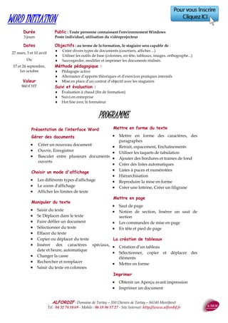 ALFORDIF - 04 32 74 10 69 - Site Internet: http://www.alfordif.fr
39
Durée
2 jours - 14 heures
EXCEL PERFECTIONNEMENT
PROGRAMME
Rappel des fonctionnalités fondamentales
 Références absolues et relatives
 Mise en forme conditionnelle
 Listes personnelles
 Travail sur plusieurs feuilles
 Mise en forme personnalisée
 Zones de texte
 Mise en page avancée
Les calculs et les fonctions évoluées
 Formules de calcul
 Calculs complexes
 Calculs sur plages de données
 Fonctions statistiques et de comptage
 Tests (formule conditionnelle)
 Somme conditionnelle
Les styles et modèles
 Créer un style
 Utiliser un style
 Créer un modèle
Base de données
 Filtres
 Recherche
 Grille
 Recherche dans une grille de valeurs
Mode plan
 Organisation
 Créer un plan automatique
 Afficher ou masquer des niveaux de plan
 Consolidation
Tableaux croisés dynamiques
 Usage de l’assistant
 Ajouter des données
 Modifier le type de synthèse
 Modifier la présentation
 Trier des champs
Graphiques
Dates 2017
11 et 18 décembre
Pour d’autres dates
nous contacter
Valeur
660 € HT
Public : Tout public
Pré-requis : Maîtriser les commandes de base du logiciel
Objectifs : au terme de la formation, le stagiaire sera capable de :
 Créer des feuilles de calculs intégrant des fonctions complexes (financières, logiques,
recherches)
 Réaliser des tableaux et bases de données
 Générer des graphiques
Méthode et moyens pédagogiques :
 Alternance d’apports théoriques et de mises en pratique
 PC individuel, vidéo projecteur
Suivi et évaluation :
 Questionnaire d’évaluation en amont de la formation
 Feuille d’émargement quotidienne
 Évaluation régulière en cours de formation (quizz, tests, QCM…)
 Hot line avec le formateur pendant la formation
 Attestation de fin de formation
 Accompagnement individuel en option
Le formateur
Ingénieur
informaticien,
25 ans d’expérience
en
formation continue
 