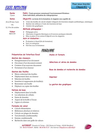 ALFORDIF - 04 32 74 10 69 - Site Internet: http://www.alfordif.fr
41
PROGRAMME
Durée
Formation initiale : 2 jours
Recyclage : 7 heures
Dates 2017
Formation initiale
2 et 9 mars
20 et 26 juin
5 et 6 octobre
Recyclage
17 mars
19 juin
5 décembre
Public : Tout public (4 personnes minimum - 12 maximum)
Pré-requis : Formation initiale : Aucun
Mise à jour des compétences : Avoir suivi la formation initiale, être à jour
de ses connaissances
SAUVETEUR SECOURISTE DU TRAVAIL
Le Sauvetage Secourisme du Travail
 Les accidents du travail dans l’établissement ou
dans la profession
 Intérêt de la prévention des risques professionnels
 Qu’est-ce qu’un Sauveteur Secouriste du Travail ?
Rechercher les dangers persistants pour protéger
 Identifier les dangers
 Repérer les personnes qui pourraient être expo-
sées aux dangers identifiés
 Supprimer ou isoler le danger ou soustraire la
victime de la zone dangereuse sans s’exposer
lui-même
De Protéger à Prévenir
 Repérer des dangers dans une situation de travail
 Identifier les dangers dans la situation concernée
 Repérer les personnes qui pourraient être expo-
sées aux dangers identifiés
 Supprimer ou isoler des dangers
 Définir, mettre en œuvre les actions de prévention
ou de protection
Examiner la victime et faire alerter
 Examiner la (les) victime(s)
 Associer au(x) signe(s) décelé(s) le(s) résultat(s) à
atteindre
 Définir l’ordre de priorité des résultats à atteindre
 Faire alerter ou alerter
 Organiser l’accès des secours sur les lieux de
l’accident, le plus près possible de la victime.
De « Faire alerter » à « Informer »
Rendre compte sur les dangers identifiés et sur les ac-
tions éventuellement mises en œuvre à son responsa-
ble hiérarchique et / ou le(s) personne(s) chargée(s) de
prévention dans l’entreprise
Secourir
Effectuer l’action (succession de gestes) appropriée.
Vérifier, par observation de la victime, l’atteinte et la
persistance du résultat attendu et l'apparition de
nouveaux signes indiquant que la vie de la victime est
menacée, jusqu’à sa prise en charge par les secours
spécialisés
La victime :
a) saigne abondamment
b) s’étouffe
c) répond, elle se plaint de sensations pénibles et /
ou présente des signes anormaux
d) répond, elle se plaint de brûlures
e) répond, elle se plaint d'une douleur qui
empêche certains mouvements
f) répond, elle se plaint d'une plaie qui ne saigne
pas abondamment
g) ne répond pas, elle respire
h) ne répond pas, elle ne respire pas
Situations inhérentes aux risques spécifiques
Objectifs : au terme de la formation, le stagiaire sera capable de :
 Intervenir efficacement face à une situation d'accident
 Mettre en application ses compétences au profit de la santé et sécurité au travail, dans le
respect de l'organisation de l'entreprise et des procédures spécifiques fixées
Méthodes et moyens pédagogiques :
 Pédagogie active
 Alternance d’apports théoriques et de mises en situation pratiques (simulation d’accidents)
 Jeux de rôle et exercices pratiques avec correction des gestes techniques
 Utilisation de mannequins (adulte, enfant, nourrisson) , tableau du plan d’intervention sé-
curité, défibrillateur DEA (Défibrillateur Entièrement Automatique) ou DSA (Défibrillateur
Semi-Automatique)
Suivi et évaluation :
 Feuille d’émargement quotidienne
 Évaluation des connaissances conforme au document de référence SST INRS
 Fiche individuelle de suivi et d’évaluation du SST conforme au document de l’INRS
 Délivrance du Certificat de Sauveteur Secouriste du Travail
Valeur
Formation initiale
450 € HT
Recyclage
250 € HT
Le formateur
Pompier - Formateur sécurité
incendie depuis 20 ans
 