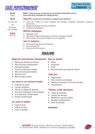 ALFORDIF - 04 32 74 10 69 - Site Internet: http://www.alfordif.fr
42
HABILITATION ELECTRIQUE - B0 - H0 - HOV - BS - BE Manœuvre
PROGRAMME
Durée
Formation initiale
2 jours
Recyclage
1 jour 1/2
Présentation de la procédure d’habilitation selon le recueil NF C 18 –510
en relation avec les domaines de tension
Notions générales en électricité
 Mise en évidence des notions importantes telles que la tension et le courant, à travers
des exemples concrets
 Évaluation des risques ; effets physiopathologiques du courant électrique
 Accidents d’ordre électrique (contact direct, indirect, court circuit)
 Définitions des fonctions de l’appareillage
Comment travailler en sécurité ?
 Zone d’environnement en HT et BT
 Autorisation de travaux
 Lecture de signalisation
 Manœuvre et consignation / Rôle des différents intervenants
 Matériel de sécurité électrique (équipements de protection individuelle et collective)
 Outils électriques portatifs à main (choix du matériel)
 Outillage non spécifique aux électriciens
 Interventions et travaux non – électriques en BT
 Travaux non électriques en HT
L’habilitation électrique
 Les types d’opérations
 Le personnel habilité
Conduite à tenir en cas d’incident ou d’accident d’origine électrique
 Notions de premiers secours, incendie sur un ouvrage électrique
Public : Personnel devant effectuer des travaux d’ordre non électrique dans
les locaux d’accès réservés aux électriciens ou au voisinage des pièces nues
sous tension.
Pré-requis :
Formation initiale : Aucun
 Recyclage : Avoir suivi une formation initiale et/ou suivi son recyclage dans les délais
Objectifs : au terme de la formation, le stagiaire sera capable de :
 Respecter les prescriptions de sécurité définies par la NF C 18– 510
 Connaitre les risques liés à l’électricité
Méthode et moyens pédagogiques :
 Alternance d’apports théoriques et de mises en pratique
 Vidéoprojecteur, armoires électriques
Suivi et évaluation :
 Questionnaire d’évaluation en amont de la formation
 Feuille d’émargement quotidienne
 Évaluation régulière en cours de formation (quizz, tests, QCM…)
 Attestation de fin de formation
 Un avis et un titre pré-rédigés seront envoyés à l’employeur
Le formateur Electricien 30 ans d’expérience, formation de formateur en habilita-
tion électrique
Recyclage
Valeur
240 € HT
Dates 2017
19 et 20 avril
Ou
22 et 23 novembre
Formation initiale
Valeur
320 € HT
Dates 2017
27 et 28 avril
Ou
29 et 30 novembre
 