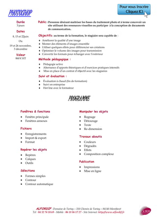 ALFORDIF - 04 32 74 10 69 - Site Internet: http://www.alfordif.fr
43
HABILITATION ELECTRIQUE - B1 - B1V - B2 - B2V - BC - BR
PROGRAMME
Durée
Formation initiale
2,5 jours
Recyclage
1,5 jour
Présentation de la procédure d’habilitation selon la norme NF C 18 –510 en
relation avec les domaines de tension.
Notions générales en électricité
 Mise en évidence des notions importantes telles que la tension et le courant, à travers des
exemples concrets
 Évaluation des risques ; effets physiopathologiques du courant électrique
 Accidents d’ordre électrique (contact direct, indirect, court circuit)
Définitions des fonctions de l’appareillage
Le travail en sécurité
 Zone d’environnement en HT et BT
 Autorisation de travaux
 Lecture de signalisation
 Manœuvre et consignation / Rôle des différents intervenants
 Matériel de sécurité électrique (équipements de protection individuelle et collective)
 Outils électriques portatifs à main (choix du matériel)
 Interventions et travaux électriques en BT
L’habilitation électrique
 Les types d’opérations
 Le personnel habilité
Conduite à tenir en cas d’incident ou d’accident d’origine électrique
 Notions de premiers secours, incendie sur un ouvrage électrique
Public : Personnel électricien chargé d’assurer des travaux, de dépannages,
d’essais de mesures ou autres opérations d’ordre électrique en basse tension
Pré-requis :
Formation initiale : Aucun
Recyclage : Avoir suivi une formation initiale et/ou suivi son recyclage dans les délais
Objectifs : au terme de la formation, le stagiaire sera capable de :
 Respecter les prescriptions de sécurité définies par la NF C 18– 510
 Connaitre les risques liés à l’électricité
Méthode et moyens pédagogiques :
 Alternance d’apports théoriques et de mises en pratique
 Vidéoprojecteur, armoires électriques
Suivi et évaluation :
 Questionnaire d’évaluation en amont de la formation
 Feuille d’émargement quotidienne
 Évaluation régulière en cours de formation (quizz, tests, QCM…)
 Attestation de fin de formation
 Un avis et un titre pré-rédigés seront envoyés à l’employeur
Le formateur : Electricien 30 ans d’expérience, formation de formateur en habi-
litation électrique
Recyclage
Valeur
240 € HT
Dates 2017
18 et 19 mai
Ou
11 et 12 décembre
Formation initiale
Valeur
420 € HT
Dates 2017
29, 30 et 31 mai
Ou
15, 16 et 17 novembre
 