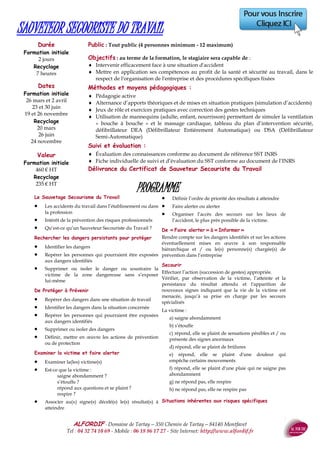 ALFORDIF - 04 32 74 10 69 - Site Internet: http://www.alfordif.fr
44
Le formateur :
Psychologue,
ex DRH, Formatrice en
communication et
ressources humaines
depuis 2010.
Les missions :
 Aider à faire (stimuler, soulager, apprendre à faire), faire à la place de ?
Ethique et déontologie :
 Respect de la personne, de ses droits, de ses biens, de sa vie privée
 Discrétion professionnelle : intimité, confidentialité, non jugement
 Vigilance
Inscription et positionnement dans un réseau d’intervenants
 La liaison avec les autres intervenants, les familles
 Eviter les glissements de fonction
Compétences relationnelles et communicationnelles :
 Conserver un écart, une distance entre pratique professionnelle et liens affectifs
 Les éventuels mouvements agressifs du prestataire, de la famille ou des autres
intervenants ?
Echange à partir des pratiques
Objectifs : au terme de la formation, le stagiaire sera capable de :
 Savoir se positionner en tant que professionnelle de la santé
 Aborder la psychologie de la personne âgée
 Questionner les relations avec la personne aidée, sa famille, les autres
professionnels
Durée
1 jour
LE RELATIONNEL DANS L'AIDE À DOMICILE
Dates 2017
Nous contacter
Tarif :
440 € HT
Public : tout public
PROGRAMME
 