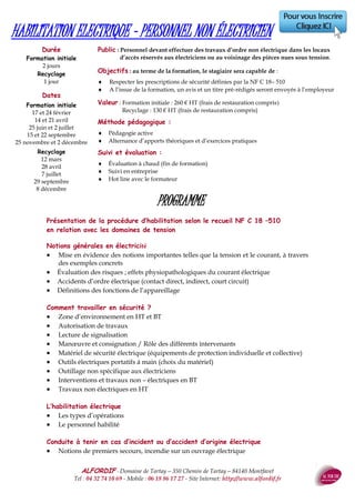 ALFORDIF - 04 32 74 10 69 - Site Internet: http://www.alfordif.fr
45
L’ALCOOLISME ET LES TROUBLES PSYCHIQUES
Durée
1 jour
Dates 2017
Nous contacter
Tarif :
440 € HT
Objectifs : au terme de la formation, le stagiaire sera capable de :
 Repérer et appréhender les changements dans les attitudes de la
personne atteinte d’une ou de ces pathologies
 Être capable de comprendre une maladie et en reconnaître les
stades d’évolution
 Prendre du recul par rapport à la maladie pour maintenir
l’efficacité
Public : tout public
Les différentes structures de personnalités
La dépression du sujet et de la personne âgée
La psychose :
 Schizophrénie et symptômes
 Comment aider un schizophrène au quotidien
Comment communiquer avec le schizophrène
Le vieillissement psychiatrique
L’alcoolisme :
 Histoire de l’alcool
 Symptômes de la dépendance
 Pathologies liées à l’alcoolisme
 Les soins
 L’alcool et les personnes âgées
 Comment aider un alcoolique ?
Echanges sur les pratiques
PROGRAMME
Le formateur :
Psychologue,
ex DRH, Formatrice en
communication et
ressources humaines
depuis 2010.
 