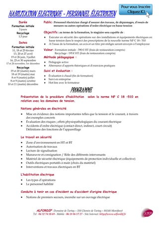 ALFORDIF - 04 32 74 10 69 - Site Internet: http://www.alfordif.fr
46
Objectifs : au terme de la formation, le stagiaire sera capable de :
 Repérer et appréhender les changements dans les attitudes de la personne
âgée
 Être capable de comprendre une maladie invalidante et en reconnaître les
stades d’évolution
 Prendre du recul par rapport à la maladie pour maintenir l’efficacité
Durée
2 jours
LES MALADIES INVALIDANTES
PROGRAMME
Dates 2017
Nous contacter
Tarif :
880 € HT
Public : tout public
Le formateur :
Psychologue,
ex DRH, Formatrice en
communication et
ressources humaines
depuis 2010.
La dépression
Les états démentiels
 Alzheimer
 Démence à corps de Lévy
 Démence fronto-temporale
 Maladie de Pick
 Chorée de Huntington
Les démences non dégénératives
 Démence vasculaire
 Démence artério-pathique
 Démence traumatique
 Démence infectieuse
 Démence toxique et métabolique
La maladie de Parkinson
La Sclérose en plaque
Hémiplégie et AVC
Humanité + attitude = Humanitude...
 