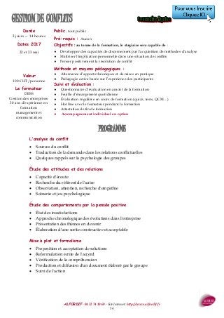 ALFORDIF - 04 32 74 10 69 - Site Internet: http://www.alfordif.fr
54
Durée
2 jours — 14 heures
Dates 2017
22 et 23 mai
GESTION DE CONFLITS
PROGRAMME
L'analyse du conflit
 Sources du conflit
 Traduction de la demande dans les relations conflictuelles
 Quelques rappels sur la psychologie des groupes
Étude des attitudes et des relations
 Capacité d'écoute
 Recherche du référent de l'autre
 Observation, attention, recherche d'empathie
 Scénario et jeu psychologique
Étude des comportements par la pensée positive
 État des insatisfactions
 Approche chronologique des évolutions dans l'entreprise
 Présentation des thèmes en devenir
 Élaboration d'une sortie constructive et acceptable
Mise à plat et formalisme
 Proposition et acceptation de solutions
 Reformulation écrite de l'accord
 Vérification de la compréhension
 Production et diffusion d'un document élaboré par le groupe
 Suivi de l'action
Valeur
100 € HT/personne
Le formateur
DESS
Gestion des entreprises
30 ans d’expérience en
formation
management et
communication
Public : tout public
Pré-requis : Aucun
Objectifs : au terme de la formation, le stagiaire sera capable de :
 Développer des capacités de discernement par l'acquisition de méthodes d'analyse
 Maîtriser l'implication personnelle dans une situation de conflits
 Penser positivement la résolution de conflit
Méthode et moyens pédagogiques :
 Alternance d’apports théoriques et de mises en pratique
 Pédagogie active basée sur l’expérience des participants
Suivi et évaluation :
 Questionnaire d’évaluation en amont de la formation
 Feuille d’émargement quotidienne
 Évaluation régulière en cours de formation (quizz, tests, QCM…)
 Hot line avec le formateur pendant la formation
 Attestation de fin de formation
 Accompagnement individuel en option
 