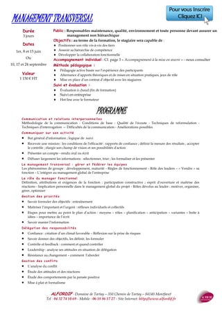 ALFORDIF - 04 32 74 10 69 - Site Internet: http://www.alfordif.fr
9
GESTION FINANCIÈRE ET ANALYSE DU BILAN
Durée
2 jours — 14 heures
Dates 2017
12 et 13 juin
Ou
23 et 24 novembre
Analyse du compte de résultat
 Les postes du compte de résultat
 L’analyse de la rentabilité : seuil de rentabilité, levier d’exploitation, risque financier et
risque d’exploitation
 La capacité d’autofinancement et l’autofinancement de l’entreprise
Analyse du bilan
 Les postes du bilan
 Le bilan fonctionnel
 L’équilibre financier (Fonds de Roulement Net Global, Besoin en Fonds de Roulement,
Trésorerie Nette)
La situation financière dans les annexes comptables
Les ratios issus du bilan fonctionnel
 Durée de stockage et rotation des stocks
 Durée de crédit clients et fournisseurs
Les ratios issus du compte de résultat
 Les Soldes Intermédiaires de Gestion
 Les retraitements de la centrale des bilans
 La Capacité d’Auto Financement et l’autofinancement de l’entreprise
PROGRAMME
Valeur
875 € HT
Le formateur
DESCF
Gestion des entreprises
20 ans d’expérience en
Comptabilité & Gestion
Public : Chef d’entreprise, responsable de centre de profit
Pré-requis : Aucun
Objectifs : au terme de la formation, le stagiaire sera capable de :
 Analyser la performance au travers du bilan et du compte de résultat
 Interpréter les cycles de gestion
 Comprendre la logique financière de l’entreprise
Méthode et moyens pédagogiques :
 Alternance d’apports théoriques et de mises en pratique sur les documents
 Vidéoprojecteur, ordinateur, bilan, compte de résultat
Suivi et évaluation :
 Questionnaire d’évaluation en amont de la formation
 Feuille d’émargement quotidienne
 Évaluation régulière en cours de formation (quizz, tests, QCM…)
 Hot line avec le formateur pendant la formation
 Attestation de fin de formation
 Accompagnement individuel en option
 