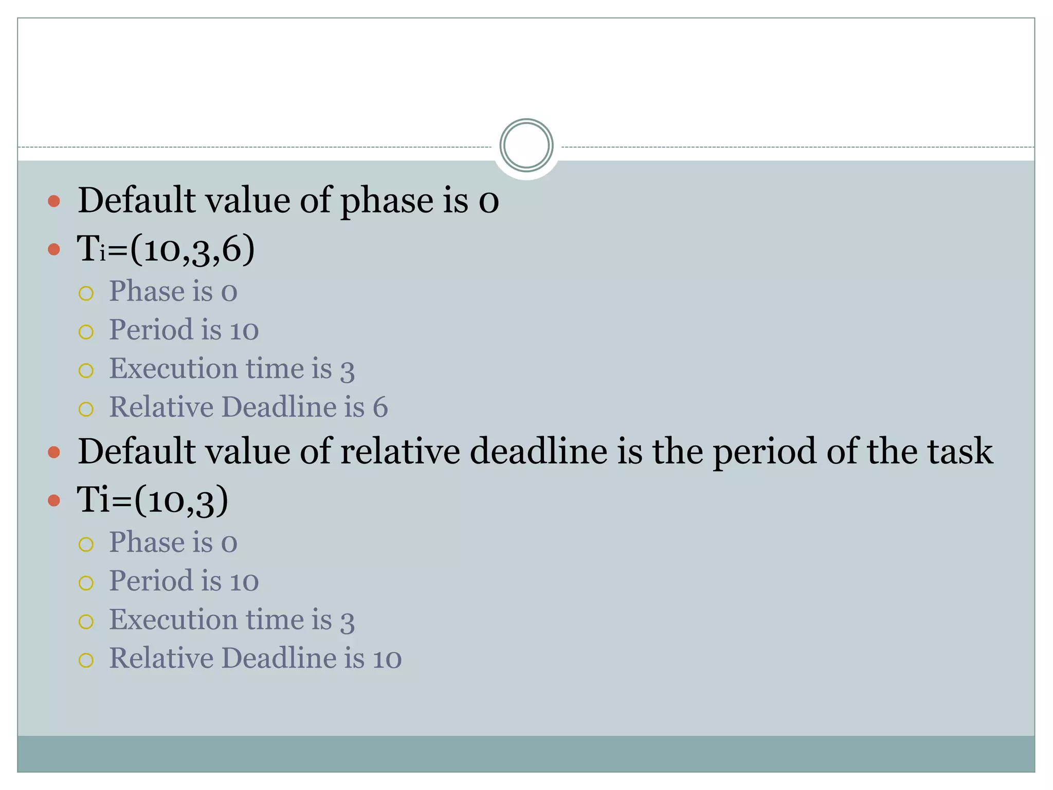  Default value of phase is 0
 Ti=(10,3,6)
 Phase is 0
 Period is 10
 Execution time is 3
 Relative Deadline is 6
 Default value of relative deadline is the period of the task
 Ti=(10,3)
 Phase is 0
 Period is 10
 Execution time is 3
 Relative Deadline is 10
 