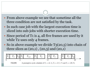  From above example we see that sometime all the
three condition are not satisfied by the task.
 In such case job with the largest execution time is
sliced into sub-jobs with shorter execution time.
 Since period of T1 is 4, all five frames are used by it
while T2 uses only 4 frames.
 So in above example we divide T3(20,5) into chain of
three slices as (20,1) , (20,3) and (20,1)
 