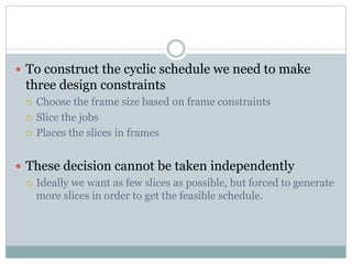  To construct the cyclic schedule we need to make
three design constraints
 Choose the frame size based on frame constraints
 Slice the jobs
 Places the slices in frames
 These decision cannot be taken independently
 Ideally we want as few slices as possible, but forced to generate
more slices in order to get the feasible schedule.
 