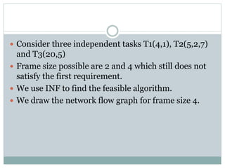  Consider three independent tasks T1(4,1), T2(5,2,7)
and T3(20,5)
 Frame size possible are 2 and 4 which still does not
satisfy the first requirement.
 We use INF to find the feasible algorithm.
 We draw the network flow graph for frame size 4.
 