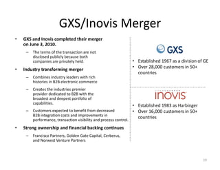 GXS/Inovis Merger
                        GXS/Inovis Merger
•   GXS and Inovis completed their merger 
    on June 3, 2010.
    on June 3 2010
     –   The terms of the transaction are not 
         disclosed publicly because both 
         companies are privately held.                              • Established 1967 as a division of GE
                                                                    • Over 28,000 customers in 50+ 
•   Industry transforming merger
                                                                      countries
     –   Combines industry leaders with rich 
         histories in B2B electronic commerce
     –   Creates the industries premier 
         provider dedicated to B2B with the 
         broadest and deepest portfolio of 
         capabilities.
                                                                    • Established 1983 as Harbinger
                                                                      Established 1983 as Harbinger
     –   Customers expected to benefit from decreased               • Over 16,000 customers in 50+ 
         B2B integration costs and improvements in                    countries
         performance, transaction visibility and process control.
•   Strong ownership and financial backing continues
    S            hi    d fi    i l b ki        i
     –   Francisco Partners, Golden Gate Capital, Cerberus, 
         and Norwest Venture Partners



                                                                                                       19
 