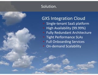 Solution.

GXS Integration Cloud
GXS Integration Cloud
 •   Single‐tenant SaaS platform
 •   High Availability (99.99%)
     High Availability (99 99%)
 •   Fully Redundant Architecture
 •   Tight Performance SLAs 
     Tight Performance SLAs
 •   Full Onboarding Services
 •   On demand Scalability
     On‐demand Scalability




                                7
 