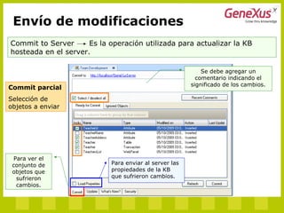 Commit to Server Es la operación utilizada para actualizar la KB
hosteada en el server.
Para ver el
conjunto de
objetos que
sufrieron
cambios.
Se debe agregar un
comentario indicando el
significado de los cambios.
Envío de modificaciones
Commit parcial
Selección de
objetos a enviar
Para enviar al server las
propiedades de la KB
que sufrieron cambios.
 
