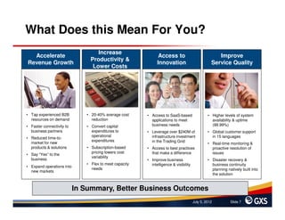 What Does this Mean For You?
                                   Increase
  Accelerate                                                   Access to                            Improve
                                Productivity &
Revenue Growth                                                Innovation                         Service Quality
                                 Lower Costs




• Tap experienced B2B         • 20-40% average cost     • Access to SaaS-based                 • Higher levels of system
  resources on demand           reduction                 applications to meet                   availability & uptime
• Faster connectivity to      • Convert capital           business needs                         (99.99%)
  business partners             expenditures to         • Leverage over $240M of               • Global customer support
                                operational               infrastructure investment              in 15 languages
• Reduced time-to-
                                expenditures              in the Trading Grid
  market for new                                                                               • Real-time monitoring &
  products & solutions        • Subscription-based      • Access to best practices               proactive resolution of
                                pricing lowers cost       that make a difference                 issues
• Say “Yes” to the
                                variability
  business                                              • Improve business                     • Disaster recovery &
                              • Flex to meet capacity     intelligence & visibility              business continuity
• Expand operations into
                                needs                                                            planning natively built into
  new markets
                                                                                                 the solution


                           In Summary, Better Business Outcomes
                                                                                      July 5, 2012          Slide 7
 