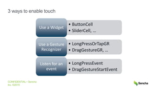 CONFIDENTIAL • Sencha
Inc. ©2015
3 ways to enable touch
• ButtonCell
• SliderCell, …
Use a Widget
• LongPressOrTapGR
• DragGestureGR, …
Use a Gesture
Recognizer
• LongPressEvent
• DragGestureStartEvent
Listen for an
event
 