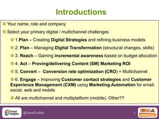6@DaveChaffey
Introductions
 Your name, role and company
 Select your primary digital / multichannel challenges
 1.Plan...