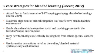 5 core strategies for blended learning (Reeves, 2012)
• Attend first to fundamentals of L&T keeping pedagogy ahead of technology
(Hattie 2009)
• Maximise alignment of critical components of an effective blended/online
environment
• Establish and maintain cognitive, social and teaching presence in the
blended/online environment
• Intro new technologies selectively seeking help from others (peers, learners
etc.)
• Use formative evaluations to refine the online/blended material
systematically each iteration
10
 