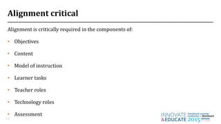 Alignment critical
Alignment is critically required in the components of:
• Objectives
• Content
• Model of instruction
• Learner tasks
• Teacher roles
• Technology roles
• Assessment
12
 