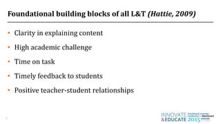 Foundational building blocks of all L&T (Hattie, 2009)
• Clarity in explaining content
• High academic challenge
• Time on task
• Timely feedback to students
• Positive teacher-student relationships
9
 
