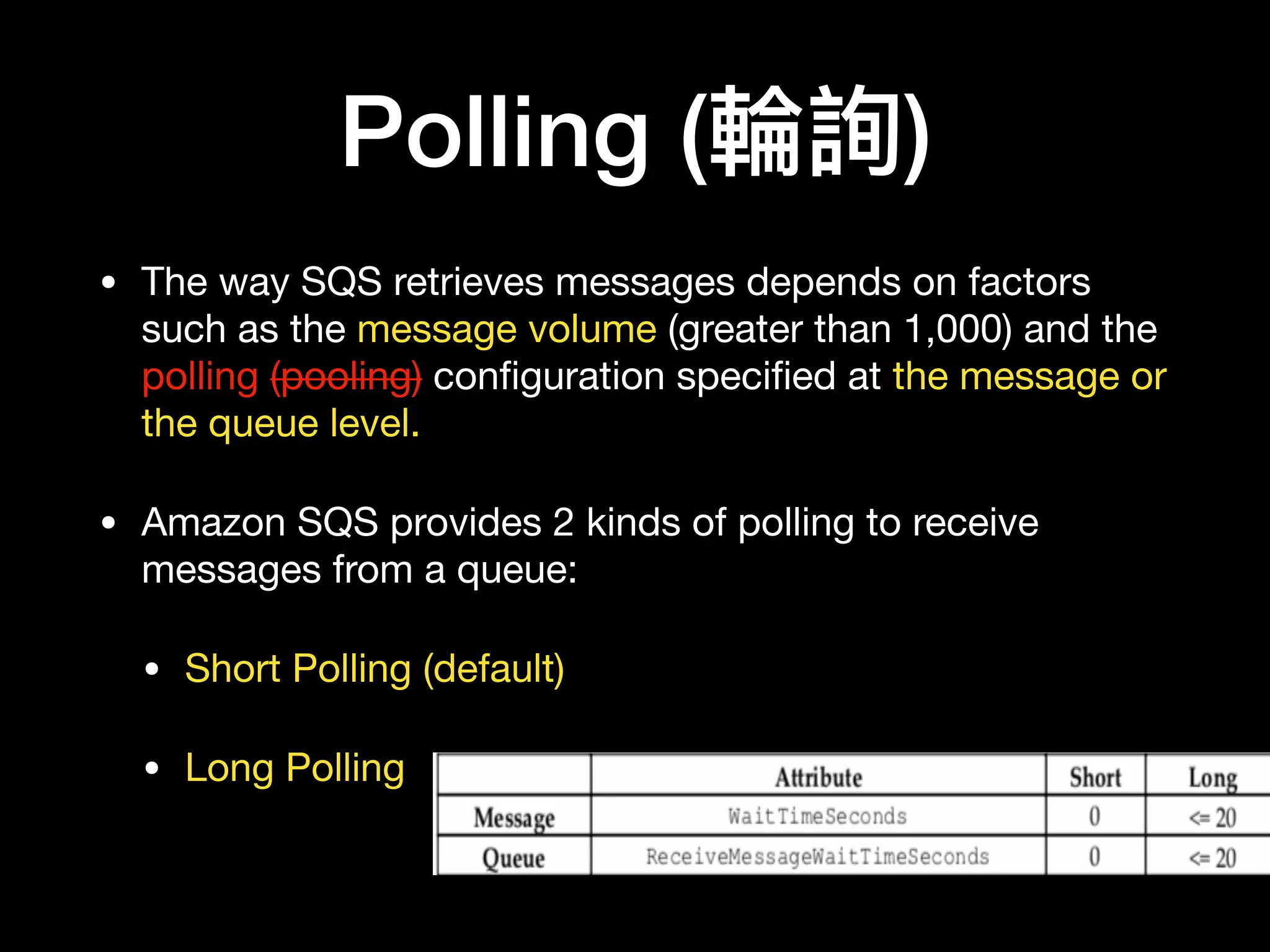 Polling (輪輪詢)
• The way SQS retrieves messages depends on factors
such as the message volume (greater than 1,000) and the
polling (pooling) conﬁguration speciﬁed at the message or
the queue level.

• Amazon SQS provides 2 kinds of polling to receive
messages from a queue:

• Short Polling (default)

• Long Polling
 