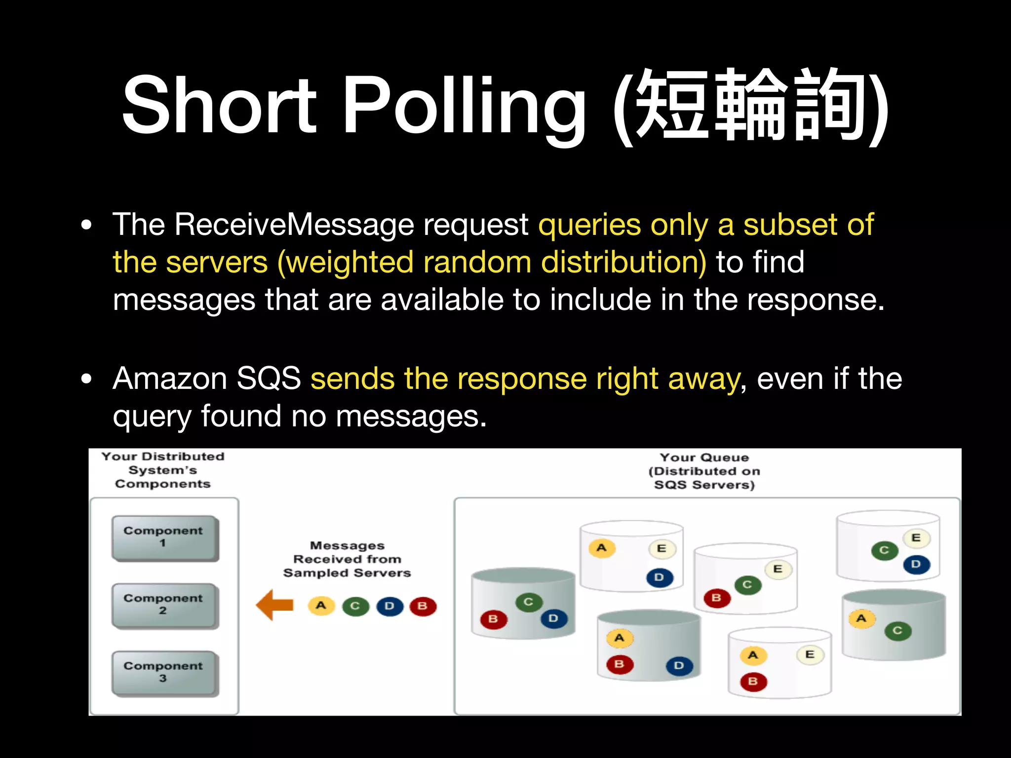 Short Polling (短輪輪詢)
• The ReceiveMessage request queries only a subset of
the servers (weighted random distribution) to ﬁnd
messages that are available to include in the response.

• Amazon SQS sends the response right away, even if the
query found no messages.
 