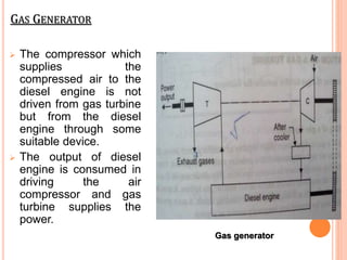 GAS GENERATOR
 The compressor which
supplies the
compressed air to the
diesel engine is not
driven from gas turbine
but from the diesel
engine through some
suitable device.
 The output of diesel
engine is consumed in
driving the air
compressor and gas
turbine supplies the
power.
Gas generator
 