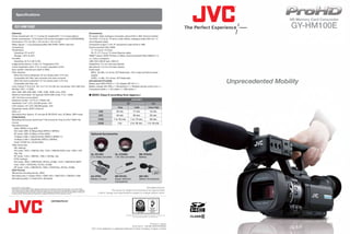 Specifications
                                                                                                                                                                                                                                                   Memory Camera Recorder
                                                                                                                                                                                                                                                    HD Memory Card Camcorder

    GY-HM100E                                                                                                                                                                                                                                        GY-HM100E
                                                                                                                                                                                                                                                     GY-HD700
[General]
Power requirement: DC 11 V (using AC adapter)/DC 7.2 V (using battery)
Power consumption: 7.8 W (when LCD screen backlight is set to [STANDARD])
                                                                                                                             [Connectors]
                                                                                                                             AV output: Video analogue composite output (576i or 480i: Downconverted,
                                                                                                                             4:3/16:9): 1.0 V (p-p), 75-ohms, Audio Stereo, analogue output 300 mV, 1 k-
                                                                                                                                                                                                                                                     GY-HD100
Dimensions: 272 mm (W) x 179 mm (H) x 135 mm (D)                                                                             ohms (Special cable)
Mass: Approx. 1.4 kg (including battery BN-VF823, SDHC card and                                                              Component output: Y, Pb, Pr component output (576i or 480i:
microphone)                                                                                                                  Downconverted/720p/1080i)
Temperature:                                                                                                                   Y: 1.0 V (p-p), 75-ohms
   Operating: 0˚C to 40˚C                                                                                                      Pb, Pr: 0.7 V (p-p), 75-ohms (Special cable)
   Storage: -20˚C to 50˚C                                                                                                    HDMI™output: HDMI™(576i/p or 480i/p: Downconverted/720p/1080i) (V.1.3,
Humidity:                                                                                                                    x.v. Colour compliant)
   Operating: 35 % to 80 % RH                                                                                                USB: Mini USB-B type, USB 2.0
Image pickup device: 3-chip 1/4" Progressive CCD                                                                             Headphone: 3.5 mm mini-jack (stereo)
Colour separation prism: F1.8, 3-colour separation prism                                                                     Microphone: 3.5 mm mini-jack (stereo)
Sync system: Internal sync (built-in SSG)                                                                                    Audio input:
Filter diameter:                                                                                                               [MIC]: -60 dBs, 3 k-ohms, XLR (balanced), +48 V output (phantom power
   When the hood is detached: 46 mm (screw pitch: 0.75 mm)                                                                     supply)
   Compatible with filter, tele-converter and wide-converter                                                                   [LINE]: +4 dBs, 10 k-ohms, XLR (balanced)
                                                                                                                             [Accessories Provided]
   When the hood is attached: 72 mm (screw pitch: 0.75 mm)
   Compatible with filter only                                                                                               Battery pack (BN-VF823) x 1, AC adapter (AP-V21) x 1,                                               Unprecedented Mobility
Lens: Fujinon F1.8 to 2.8, 10x, f=3.7-37 mm (35 mm conversion: 39 to 390 mm)                                                 Battery charger (AA-VF8) x 1, Microphone x 1, Wireless remote control unit x 1,
ND filter: OFF, +1/10ND                                                                                                      Component cable x 1, A/V cable x 1, USB cable x 1
Gain: 0dB, 3dB, 6dB, 9dB, 12dB, 15dB, 18dB, Lolux, AGC
Minimum illumination: 5lx (typical) (1920x1080 mode, F1.8, +18dB,                                                            ■ SDHC Class 6 recording time (approx.)
with 16-frame accumulation)
Electronic shutter: 1/3.75 to 1/10000, EEI                                                                                                                                    MOV/MP4
Viewfinder: 0.44" LCD, 235,000 pixels, 16:9                                                                                                                             SP                                HQ
LCD monitor: 2.8" LCD, 206,000 pixels, 16:9
                                                                                                                                                            720p                1080i               720p/1080i
Supported media: SDHC (Class 6)
Slots: x 2                                                                                                                             4GB                22 min.              17 min.                 12 min.
Recording time: Approx. 25 minutes (8 GB SDHC card, 35 Mbps, VBR mode)
                                                                                                                                       8GB                45 min.              35 min.                 25 min.
[Video/Audio]
Recording file format: QuickTime™ File Format for Final Cut Pro™/MP4 File                                                             16GB              1 hr. 30 min.        1 hr. 10 min.             50 min.
Format                                                                                                                                32GB                  3 hr.            2 hr. 20 min.         1 hr. 40 min.
Recording format:
  Video: MPEG-2 long GOP
  HQ mode: VBR, 35 Mbps (Max) MPEG-2 MP@HL
  SP mode: CBR, 25 Mbps (1440x1080i)/                                                                                          Optional Accessories
  19 Mbps (1280 x 720p24/25/30): MPEG-2 MP@H-14
  19 Mbps (1280 x 720p50/60): MPEG-2 MP@HL
  Audio: LPCM 2ch, 48 kHz/16bit
Video frame rate:
  PAL settings:
  HQ mode: 1920 x 1080/50i, 25p, 1440 x 1080/50i (MOV only), 1280 x 720/
  50p, 25p                                                                                                                     GL-V0746U                 GL-V1846U                      BN-VF823U
  SP mode: 1440 x 1080/50i, 1280 x 720/50p, 25p                                                                                0.7x Wide converter       1.8x Tele converter            Battery
  NTSC settings:
  HQ mode: 1920 x 1080/59.94i, 29.97p, 23.98p, 1440 x 1080/59.94i (MOV
  only), 1280 x 720/59.94p, 29.97p, 23.98p
  SP mode: 1440 x 1080/59.94i, 1280 x 720/59.94p, 29.97p, 23.98p
[Still Picture]
Still picture recording format: JPEG
Recording size: 4 modes (1920 x 1080/1440 x 1080/1024 x 768/640 x 480)                                                         AA-VF8U                   MV-P615U                       MZ-V8U
Recording quality: 2 modes (Fine, Standard)                                                                                    Battery charger           Super direction                Stereo microphone
                                                                                                                                                         microphone

Final Cut Pro™ is not supplied.                                                                                                                                                        Simulated pictures.
Microsoft® and Windows® are either registered trademarks or trademarks of Microsoft Corporation in the United States
and/or other countries. Apple, Apple logo, Macintosh, QuickTime, and Final Cut Pro are trademarks of Apple Inc. registered                         The values for weight and dimensions are approximate.
in the United States and other countries. The SD and SDHC logos are trademarks of the SD Card Association. Product and
company names mentioned here are trademarks or registered trademarks of their respective owners.                                       E.&O.E. Design and specifications subject to change without notice.


                                                                  DISTRIBUTED BY


                                                                                                                                                                                     JQA-0288

                                                                                                                                                                     Hachioji Business Center of Victor Company of Japan, Ltd.
                                                                                                                                                                               has received ISO9001 Certifications.




                                                                                                                                                                                                Printed in Japan
                                                                                                                                                                             KCS-8410 CEHM100EPKN0903
                                                                                                                               “JVC” is the trademark or registered trademark of Victor Company of Japan, Limited.
 