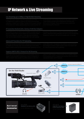 IP Network & Live Streaming
Wi-Fi adapter
Ethernet adapter
4G LTE/3G modem
On the field/Studio
INTERNET
● Latency reduced for MPEG2-TS
Miniature Wi-Fi adapter
XXOO!
WWW/LAN
WWW/LAN
O p t i o n a l
Accessories
SSL-JVC50
Standard Li-ion Battery (IDX)
DC7.4V, 4900mAh, 37Wh
SSL-JVC75
Long-life Li-ion Battery with
D-TAP Connector (IDX)
DC7.4V, 7350mAh, 55Wh
Live Streaming up to 12Mbps of High Bit Rate Streaming
If your task involves mission-critical ENG applications, turn to the
GY-HM660 as it is capable of streaming LIVE HD/SD and proxy video/
audio files via network up to 12Mbps. Coupled with the superior mobility
of the camera, this wireless capability allows you to stream backhaul live
to the newsroom or to a reliable cloud service such as Zixi, as well as
content delivery networks such as USTREAM and YouTube using
Wi-Fi or 4G-LTE network. All you need to do is press a button and
you’re streaming HD to the world.
IP Connection Realized with a Variety of USB Host Adapters
Full HD video footage recorded on the GY-HM660 can stream backhaul
live to the target location using an adapter such as 4G LTE/3G modem,
Wi-Fi LAN, or Ethernet, whichever is more stable and cost-effective.
Such use of an adapter enables uploading video clips to and receiving
Metadata (in XML) from the FTP server, remote controlling web server
content, viewing and editing Metadata, and most of all for live streaming
footage from anywhere in the world immediately after it is recorded.
Advanced IP Functions for FTP Uploading
Video clips recorded on an SDHC/SDXC card can be transferred from the
GY-HM660 via FTP server. Clips can be trimmed right on the camera,
which is useful for selecting only vital scenes before uploading to an FTP
server. What’s more, if an upload is interrupted by a weak connection,
the FTP Resume function is smart enough to restart from where it left
off. This will help to save time for uploading.
Supports SMPTE 2022-1 Protocol for HQ Streaming
Stable, high-quality live streaming over IP is made possible thanks to
support for the new SMPTE 2022 protocol. Since its introduction in
2007, the SMPTE 2022 standard has added sections to cover more
types of IP video transport. Of the standard, the GY-HM660 supports
the first protocol, which is forward error correction (FEC) for real-time
video/audio transport over IP networks.
 