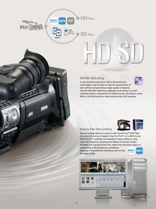 MOV MP4      AVI
                             HD Rec
QuickTime™    DV




             SxS
             (SxS for
             MP4 only)
                             SD Rec
   SDHC




                             HD/SD Shooting
                                                                                       HD
                             In the transition period from SD to HD production,
                             camcorders must be able to meet the requirements of
                                                                                         SD
                             both without compromising image quality or features.
                             The GY-HM750E meets this challenge by providing a true SD
                             shooting mode in standard DV 25 Mbps format, recording to either
                             MOV or AVI file format for direct editing within NLE systems.




                             Native File Recording
                             Record footage directly in ready-to-edit QuickTime™ MOV files,
                             the native file format of Apple’s Final Cut Pro™, or in MP4 format
                             (XDCAM EX™ workflow-compatible) for direct editing in other
                             major NLE systems, including Avid Media Composer, Adobe
                             Premiere and Canopus Edius Pro. Native file recording means no
                             transcoding or file-wrapping is necessary,
                             resulting in more efficient workflows and no loss MOV MP4
                                                                                   QuickTime™
                             of image quality.




                         2
 