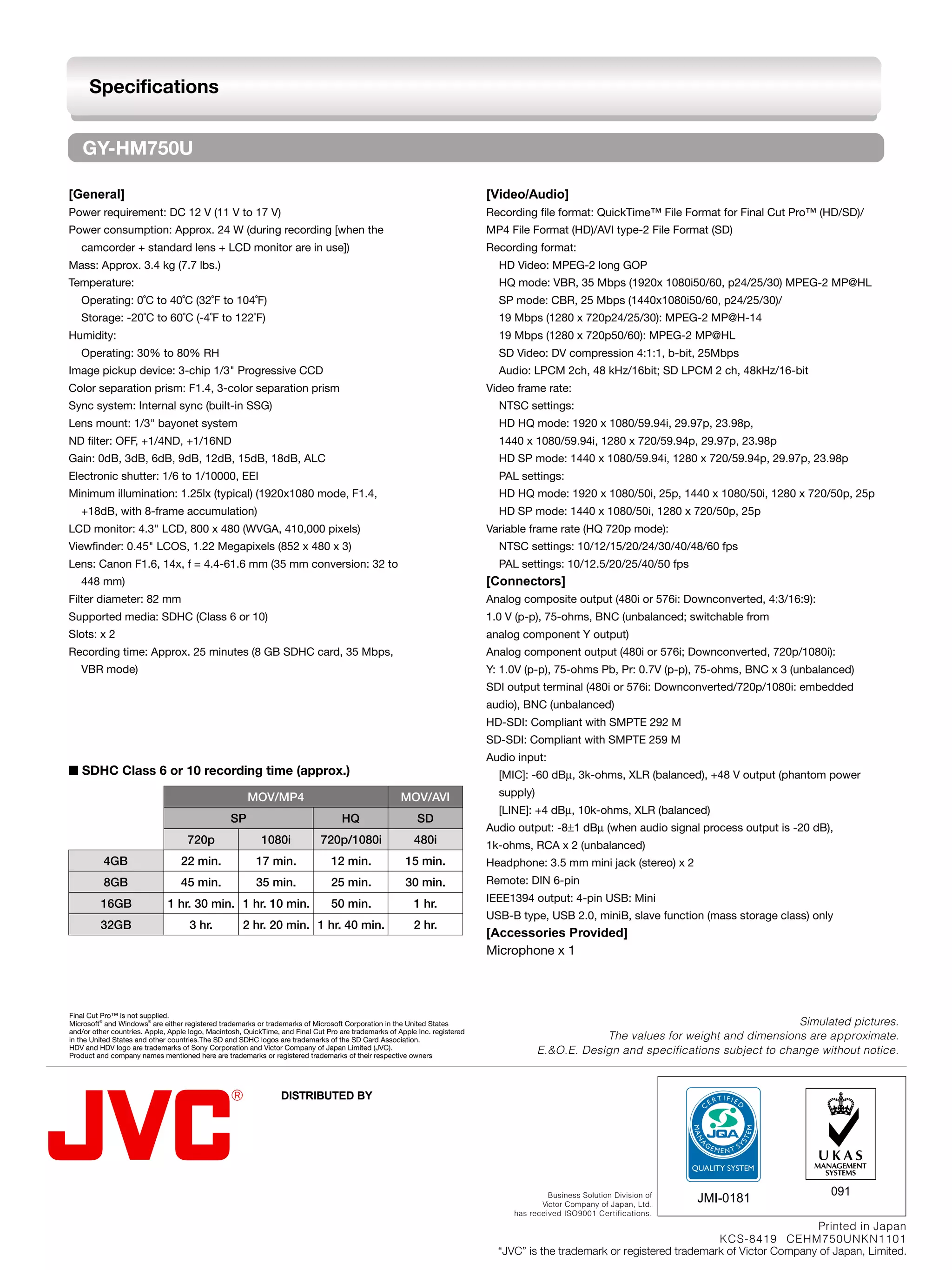 Specifications


    GY-HM750U

[General]                                                                                                                    [Video/Audio]
Power requirement: DC 12 V (11 V to 17 V)                                                                                    Recording file format: QuickTime™ File Format for Final Cut Pro™ (HD/SD)/
Power consumption: Approx. 24 W (during recording [when the                                                                  MP4 File Format (HD)/AVI type-2 File Format (SD)
   camcorder + standard lens + LCD monitor are in use])                                                                      Recording format:
Mass: Approx. 3.4 kg (7.7 lbs.)                                                                                                HD Video: MPEG-2 long GOP
Temperature:                                                                                                                   HQ mode: VBR, 35 Mbps (1920x 1080i50/60, p24/25/30) MPEG-2 MP@HL
   Operating: 0˚C to 40˚C (32˚F to 104˚F)                                                                                      SP mode: CBR, 25 Mbps (1440x1080i50/60, p24/25/30)/
   Storage: -20˚C to 60˚C (-4˚F to 122˚F)                                                                                      19 Mbps (1280 x 720p24/25/30): MPEG-2 MP@H-14
Humidity:                                                                                                                      19 Mbps (1280 x 720p50/60): MPEG-2 MP@HL
   Operating: 30% to 80% RH                                                                                                    SD Video: DV compression 4:1:1, b-bit, 25Mbps
Image pickup device: 3-chip 1/3" Progressive CCD                                                                               Audio: LPCM 2ch, 48 kHz/16bit; SD LPCM 2 ch, 48kHz/16-bit
Color separation prism: F1.4, 3-color separation prism                                                                       Video frame rate:
Sync system: Internal sync (built-in SSG)                                                                                      NTSC settings:
Lens mount: 1/3" bayonet system                                                                                                HD HQ mode: 1920 x 1080/59.94i, 29.97p, 23.98p,
ND filter: OFF, +1/4ND, +1/16ND                                                                                                1440 x 1080/59.94i, 1280 x 720/59.94p, 29.97p, 23.98p
Gain: 0dB, 3dB, 6dB, 9dB, 12dB, 15dB, 18dB, ALC                                                                                HD SP mode: 1440 x 1080/59.94i, 1280 x 720/59.94p, 29.97p, 23.98p
Electronic shutter: 1/6 to 1/10000, EEI                                                                                        PAL settings:
Minimum illumination: 1.25lx (typical) (1920x1080 mode, F1.4,                                                                  HD HQ mode: 1920 x 1080/50i, 25p, 1440 x 1080/50i, 1280 x 720/50p, 25p
   +18dB, with 8-frame accumulation)                                                                                           HD SP mode: 1440 x 1080/50i, 1280 x 720/50p, 25p
LCD monitor: 4.3" LCD, 800 x 480 (WVGA, 410,000 pixels)                                                                      Variable frame rate (HQ 720p mode):
Viewfinder: 0.45" LCOS, 1.22 Megapixels (852 x 480 x 3)                                                                        NTSC settings: 10/12/15/20/24/30/40/48/60 fps
Lens: Canon F1.6, 14x, f = 4.4-61.6 mm (35 mm conversion: 32 to                                                                PAL settings: 10/12.5/20/25/40/50 fps
   448 mm)                                                                                                                   [Connectors]
Filter diameter: 82 mm                                                                                                       Analog composite output (480i or 576i: Downconverted, 4:3/16:9):
Supported media: SDHC (Class 6 or 10)                                                                                        1.0 V (p-p), 75-ohms, BNC (unbalanced; switchable from
Slots: x 2                                                                                                                   analog component Y output)
Recording time: Approx. 25 minutes (8 GB SDHC card, 35 Mbps,                                                                 Analog component output (480i or 576i; Downconverted, 720p/1080i):
   VBR mode)                                                                                                                 Y: 1.0V (p-p), 75-ohms Pb, Pr: 0.7V (p-p), 75-ohms, BNC x 3 (unbalanced)
                                                                                                                             SDI output terminal (480i or 576i: Downconverted/720p/1080i: embedded
                                                                                                                             audio), BNC (unbalanced)
                                                                                                                             HD-SDI: Compliant with SMPTE 292 M
                                                                                                                             SD-SDI: Compliant with SMPTE 259 M
                                                                                                                             Audio input:
■ SDHC Class 6 or 10 recording time (approx.)                                                                                  [MIC]: -60 dBµ, 3k-ohms, XLR (balanced), +48 V output (phantom power

                                                      MOV/MP4                                         MOV/AVI                  supply)
                                                                                                                               [LINE]: +4 dBµ, 10k-ohms, XLR (balanced)
                                                 SP                                 HQ                     SD
                                                                                                                             Audio output: -8±1 dBµ (when audio signal process output is -20 dB),
                                    720p                   1080i             720p/1080i                   480i               1k-ohms, RCA x 2 (unbalanced)
          4GB                     22 min.                17 min.                12 min.                15 min.               Headphone: 3.5 mm mini jack (stereo) x 2
          8GB                     45 min.                35 min.                25 min.                30 min.               Remote: DIN 6-pin
                                                                                                                             IEEE1394 output: 4-pin USB: Mini
         16GB                 1 hr. 30 min. 1 hr. 10 min.                       50 min.                   1 hr.
                                                                                                                             USB-B type, USB 2.0, miniB, slave function (mass storage class) only
         32GB                        3 hr.           2 hr. 20 min. 1 hr. 40 min.                          2 hr.
                                                                                                                             [Accessories Provided]
                                                                                                                             Microphone x 1



Final Cut Pro™ is not supplied.
Microsoft® and Windows® are either registered trademarks or trademarks of Microsoft Corporation in the United States                                                                     Simulated pictures.
and/or other countries. Apple, Apple logo, Macintosh, QuickTime, and Final Cut Pro are trademarks of Apple Inc. registered
in the United States and other countries.The SD and SDHC logos are trademarks of the SD Card Association.                                            The values for weight and dimensions are approximate.
HDV and HDV logo are trademarks of Sony Corporation and Victor Company of Japan Limited (JVC).
Product and company names mentioned here are trademarks or registered trademarks of their respective owners
                                                                                                                                         E.&O.E. Design and specifications subject to change without notice.


                                                                 DISTRIBUTED BY




                                                                                                                                           Business Solution Division of
                                                                                                                                         Victor Company of Japan, Ltd.
                                                                                                                                                                           JMI-0181
                                                                                                                                  has received ISO9001 Certifications.
                                                                                                                                                                                               Printed in Japan
                                                                                                                                                                            KCS-8419 CEHM750UNKN1101
                                                                                                                               “JVC” is the trademark or registered trademark of Victor Company of Japan, Limited.
 