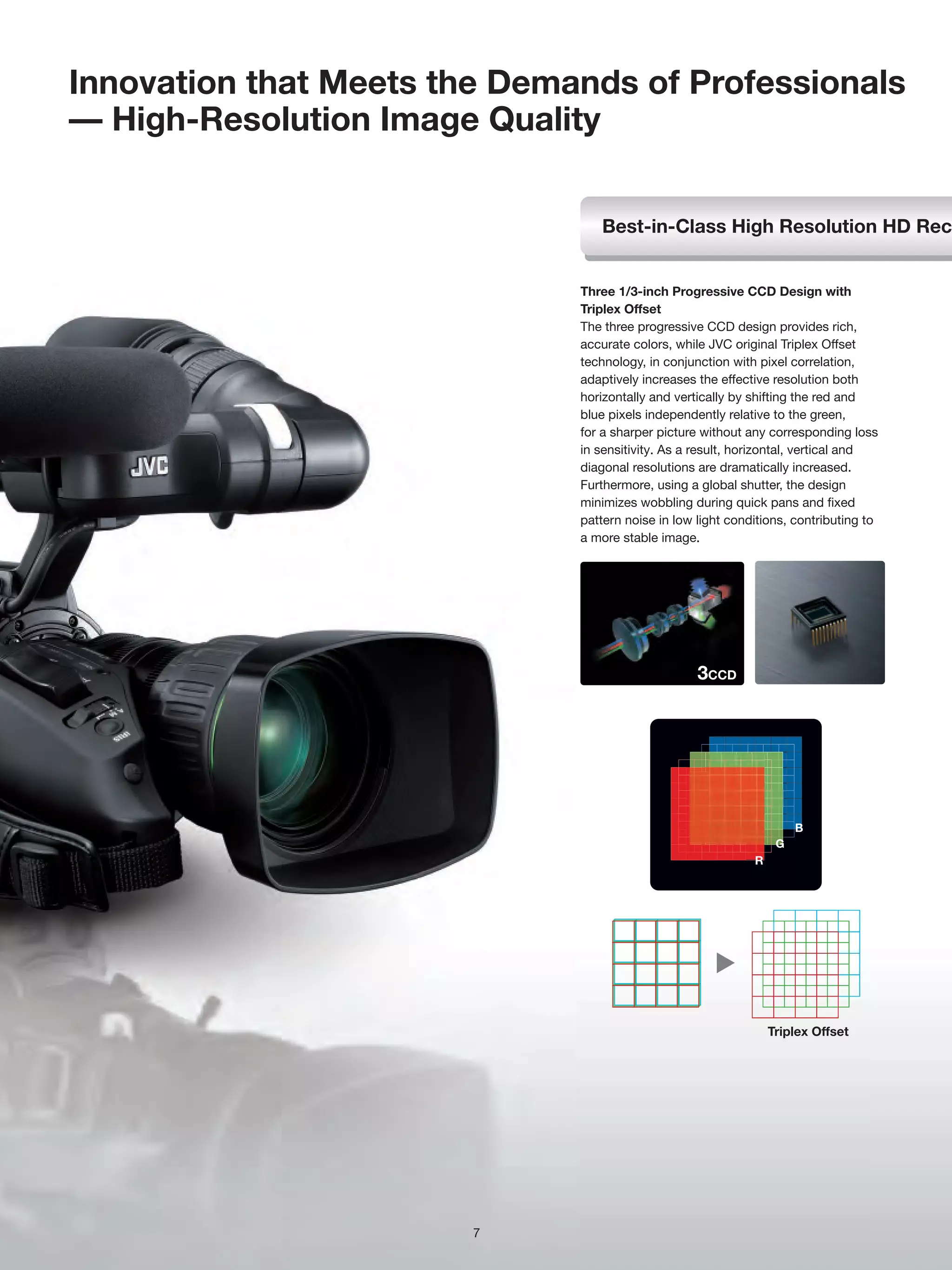 Innovation that Meets the Demands of Professionals
— High-Resolution Image Quality


                                 Best-in-Class High Resolution HD Rec


                              Three 1/3-inch Progressive CCD Design with
                              Triplex Offset
                              The three progressive CCD design provides rich,
                              accurate colors, while JVC original Triplex Offset
                              technology, in conjunction with pixel correlation,
                              adaptively increases the effective resolution both
                              horizontally and vertically by shifting the red and
                              blue pixels independently relative to the green,
                              for a sharper picture without any corresponding loss
                              in sensitivity. As a result, horizontal, vertical and
                              diagonal resolutions are dramatically increased.
                              Furthermore, using a global shutter, the design
                              minimizes wobbling during quick pans and fixed
                              pattern noise in low light conditions, contributing to
                              a more stable image.




                                                   3CCD




                                                                      B
                                                                  G
                                                             R




                                                                 Triplex Offset




                        7
 