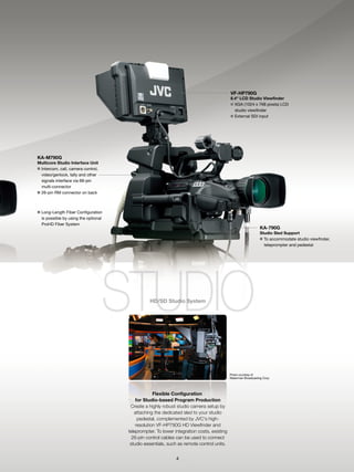 VF-HP790G
                                                                                           8.4" LCD Studio Viewfinder
                                                                                           ■ XGA (1024 x 768 pixels) LCD
                                                                                             studio viewfinder
                                                                                           ■ External SDI input




KA-M790G
Multicore Studio Interface Unit
■ Intercom, call, camera control,
  video/genlock, tally and other
  signals interface via 68-pin
  multi-connector
■ 26-pin RM connector on back




■ Long-Length Fiber Configuration
  is possible by using the optional
  ProHD Fiber System
                                                                                                               KA-790G
                                                                                                               Studio Sled Support
                                                                                                               ■ To accommodate studio viewfinder,
                                                                                                                 teleprompter and pedestal




                                                HD/SD Studio System




                                                                                           Photo courtesy of
                                                                                           Waterman Broadcasting Corp.




                                                   Flexible Configuration
                                          for Studio-based Program Production
                                       Create a highly robust studio camera setup by
                                         attaching the dedicated sled to your studio
                                           pedestal, complemented by JVC's high-
                                          resolution VF-HP790G HD Viewfinder and
                                      teleprompter. To lower integration costs, existing
                                        26-pin control cables can be used to connect
                                       studio essentials, such as remote control units.


                                                              4
 