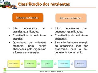 Profa. Letícia Sopeña Casarin
Classificação dos nutrientesClassificação dos nutrientes
• São necessários em
grandes quantidades;
• Constituídos de estruturas
grandes;
• Quebrados em unidades
menores para serem
absorvidos pelo organismo
e fornecerem energia.
• São necessários em
pequenas quantidades;
• Constituídos de estruturas
pequenas;
• Eles não fornecem energia
ao organismo, mas são
essenciais para o seu
perfeito funcionamento.
MacronutrientesMacronutrientes MicronutrientesMicronutrientes
 