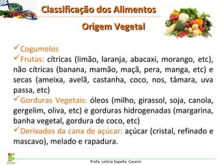 Profa. Letícia Sopeña Casarin
Origem VegetalOrigem Vegetal
Cogumelos
Frutas: cítricas (limão, laranja, abacaxi, morango, etc),
não cítricas (banana, mamão, maçã, pera, manga, etc) e
secas (ameixa, avelã, castanha, coco, nos, tâmara, uva
passa, etc)
Gorduras Vegetais: óleos (milho, girassol, soja, canola,
gergelim, oliva, etc) e gorduras hidrogenadas (margarina,
banha vegetal, gordura de coco, etc)
Derivados da cana de açúcar: açúcar (cristal, refinado e
mascavo), melado e rapadura.
Classificação dos AlimentosClassificação dos Alimentos
 