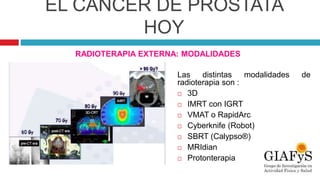 EL CÁNCER DE PRÓSTATA
HOY
RADIOTERAPIA EXTERNA: MODALIDADES
Las distintas modalidades de
radioterapia son :
 3D
 IMRT con IGRT
 VMAT o RapidArc
 Cyberknife (Robot)
 SBRT (Calypso®)
 MRIdian
 Protonterapia
 
