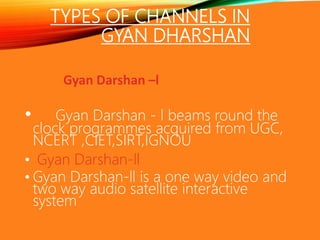 TYPES OF CHANNELS IN
GYAN DHARSHAN
Gyan Darshan –l
• Gyan Darshan - l beams round the
clock programmes acquired from UGC,
NCERT ,CIET,SIRT,IGNOU
• Gyan Darshan-ll
• Gyan Darshan-ll is a one way video and
two way audio satellite interactive
system
 