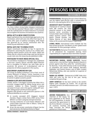 GENERAL AWARENESS – JANUARY 2016 26
US INDIANS LAUNCH ‘MISSION 2022’
The three million strong Indian diaspora (community)
in the USA has launched "Mission 2022" in partnership
with the Confederation of Indian Industries to promote
and strengthen the business ties between two countries.
NEPAL GETS A NEW CONSTITUTION
Nepal's parliament has overwhelmingly approved a new
constitution, which will come into effect from Sep 20. It
comes after years of political wrangling, while Nepal
was governed by an interim constitution after the
monarchy was abolished in 2008.
NEPAL SAYS ‘NO’ TO HINDU STATE
Nepal’s Constituent Assembly on Sep 14 rejected the
demand for converting the country in to a Hindu state,
sparking violent protests across the nation. Nepal was
Hindu state for centuries when kings ruled, but has been a
secular state since the monarchy was abolished in 2006.
PENTAGON TO HAVE INDIA SPECIAL CELL
The US Defence headquarters Pentagon has established
a first-ever country special cell-India Rapid Reaction
Cell to strengthen its defence ties with India and to
accelerate the process of co-development and co-
production of military equipment in the country.
W20 GROUP LAUNCHED BY G20
The Group of leading economies G-20 at their meet of
Finance Ministers in Ankara, Turkey, launched a new
grouping – W20 (women 20) aimed at boosting the role
of women in global economic growth.
CANADA SLIPS INTO RECESSION
Canada, world's 11th-biggest economy has fallen into a
recession, dragged down by falling energy prices and
economic troubles in China. Canadian economy
retreated @ 0.5 per cent in the quarter ending 30th June,
after sliding 0.8 percent the previous quarter.
Negative GDP growth in two consecutive quarters is the
technical definition of a recession.
 In recently concluded 2015 Singapore General
Elections, People’s Action Party (PAP) led by Prime
Minister Lee Hsien Loong has emerged victorious.
 Two-day Conference of G-20 Finance Ministers and
Central Bank Governors held in Ankara, Turkey on
September 4 and 5.
 As per the new secular constitution of Nepal, Cow has
been declared as the National Animal of Nepal.
PERSONS IN NEWS
NOVEMBER 2015
PAWAN MUNJAL: Managing Director of Hero MotoCorp,
was the highest paid director with a remuneration of
Rs.43.91 crore during the 2014-15 financial year.
ARUNDHATI BHATTACHARYA:
Chairperson of country's largest
bank SBI remains the most
powerful woman in the Indian
business sector, according to
Fortune India’s latest rankings of
Indian business women. ICICI
Bank's Chanda Kochhar and
Shikha Sharma of Axis Bank
follow at the second and third place, respectively.
LIONEL MESSI: International iconic Football star has
been picked up by the Tata Motors as their global brand
ambassador for their passenger vehicles.
VICTOR PONTA: Romanian Prime Minister was in news
as he announced his resignation bearing moral
responsibility for a nightclub blaze that killed 32 people.
OCTOBER 2015
NAYANTARA SAHGAL, ASHOK VAJPAYEE: Several
noted writers returned their Sahitya Akademi Awards in
protest against what they called the “vanishing space”
for diversity. It was with reference to the recent killings
of rationalists and writers M.M. Kalburgi, Narendra
Dabholkar and Govind Pansare and of Dadri resident
Mohammad Akhlaq, who was lynched on suspicion of
consuming beef.
NAINA LAL KIDWAI: Chairperson of HSBC India since
2009 will retire by the end of this year, having
completed 58 years of age.
JERRY SEINFELD: He has been named as the world’s
highest paid comedian by Forbes. The 61-year-old
comedian earned $ 36 million between June 1, 2014 and
June 1, 2015.
SEPTEMBER 2015
ARVIND PANAGARIYA: Vice-
chairman of Niti Aayog, has
been appointed as the sherpa
for G20 negotiations. A sherpa
represents the government or
the Prime Minister at Group of
20 countries meetings and
helps articulate the official
position on critical issues.
 