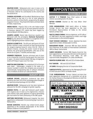 GENERAL AWARENESS – JANUARY 2016 27
ANUPAM KHER: Bollywood actor was in news as he
was conferred with the Honoured Guest of Texas award
in Houston, USA for his contribution to the cinema and
the world of art.
CHANDA KOCHHAR and Arundhati Bhattacharya have
been ranked as top two in a list of most powerful
business women in Asia-Pacific, prepared by the global
magazine Fortune. They head ICICI Bank and State Bank
of India, respectively.
INDRA NOOYI: PepsiCo CEO is the sole Indian-origin
executive in Fortune's list of 50 most powerful women
in business (placed 2ND), which has been topped by
General Motors CEO Mary Barra.
JHUMPA LAHIRI: Noted Indo American novelist was
honoured with the prestigious National Humanities
Medal by the American President in recognition of her
works highlighting human relation-ships.
QUEEN ELIZABETH II: The 89 year old Queen of Great
Britain reached a major milestone on Sep 8 by becoming
the longest-reigning monarch (since Feb 02, 1952) in
Britain’s history, crossing the earlier record of Queen
Victoria, her great-great-grandmother, who was on the
throne for 63 years, 7 months and two days.
GENNADY PADALKA: Russian astronaut was in news
as he created the record for having spent the most time
in space. His latest mission lasted 168 days, bringing his
total to 879 days in space over five trips.
MARTIN WINTERKORN: The embattled CEO of German
auto major - Volkswagen, resigned in the wake of a
massive scandal in which the company was accused of
systematically manipulating data of exhaust emissions
tests in millions of diesel cars sold worldwide.
AUGUST 2015
SUNDAR PICHAI: India-born technocrat has been
named as the new CEO of the technology giant Google at
an reported annual package of $ 50 million.
ANUPAM KHER: Bollywood actor has been named an
advocate for the UN’s campaign on gender equality.
HARDIK PATEL: 21 year old firebrand youth leader
from Gujarat was in news as he engineered a massive
(and violent) state wide agitation in Gujarat demanding
job reservation for Patel community in the OBC quota.
AMITABH BACHCHAN: Bollywood megastar has been
appointed as ambassador for promoting tiger tourism in
Maharashtra.
NOVAK DJOKOVIC: World’s top ranked tennis player
appointed as the Goodwill Ambassador of the United
Nations Children’s Fund (UNICEF).
APPOINTMENTS
NOVEMBER 2015
JUSTICE T S THAKUR: New Chief Justice of India
(43rd), succeeding Justice HL Dattu.
NITISH KUMAR: Elected as the new Bihar Chief
Minister
SYED AKBARUDDIN: 1985 batch officer of Indian
Foreign Service has been appointed as the next
Permanent Representative of India to the United
Nations at New York.
NAVTEJ SINGH SARNA: Veteran diplomat, an IFS officer
of 1980 batch, has been appointed as India’s next High
Commissioner to the United Kingdom.
VIJAY KESHAV GOKHALE: Senior diplomat has been
appointed as India’s Ambassador to China.
RAGHURAM RAJAN: Governor RBI has been elected
Vice-Chairman of the Bank of International Settlement
(BIS) at Basel, Switzerland.
SUBIR GOKARAN: Former RBI Deputy Governor has
been appointed as an Executive Director on the board of
the International Monetary Fund (IMF). He will
represent India, Bangladesh, Sri Lanka and Bhutan.
MAHESH KUMAR JAIN: MD and CEO of Indian Bank.
R K TAKKAR: MD and CEO UCO Bank
J K GARG: Managing Director of Corporation Bank
SURESH N PATEL: Appointed as the Managing Director
& Chief Executive Officer of Andhra Bank.
T.S.R. SUBRAMANIAN: Former Cabinet secretary has
been appointed chairperson of a committee set up by
the Human Resource Development Ministry to draft the
new education policy.
 