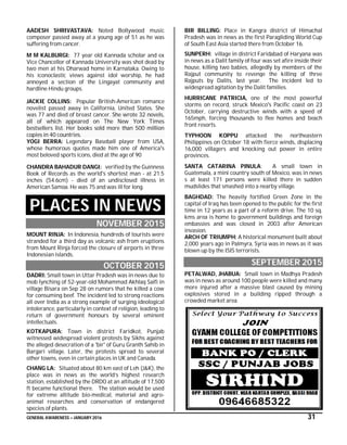 GENERAL AWARENESS – JANUARY 2016 31
AADESH SHRIVASTAVA: Noted Bollywood music
composer passed away at a young age of 51 as he was
suffering from cancer.
M M KALBURGI: 77 year old Kannada scholar and ex
Vice Chancellor of Kannada University was shot dead by
two men at his Dharwad home in Karnataka. Owing to
his iconoclastic views against idol worship, he had
annoyed a section of the Lingayat community and
hardline Hindu groups.
JACKIE COLLINS: Popular British-American romance
novelist passed away in California, United States. She
was 77 and died of breast cancer. She wrote 32 novels,
all of which appeared on The New York Times
bestsellers list. Her books sold more than 500 million
copies in 40 countries.
YOGI BERRA: Legendary Baseball player from USA,
whose humorous quotes made him one of America's
most beloved sports icons, died at the age of 90
CHANDRA BAHADUR DANGI: verified by the Guinness
Book of Records as the world's shortest man - at 21.5
inches (54.6cm) - died of an undisclosed illness in
American Samoa. He was 75 and was ill for long.
PLACES IN NEWS
NOVEMBER 2015
MOUNT RINJA: In Indonesia, hundreds of tourists were
stranded for a third day as volcanic ash from eruptions
from Mount Rinja forced the closure of airports in three
Indonesian islands.
OCTOBER 2015
DADRI: Small town in Uttar Pradesh was in news due to
mob lynching of 52-year-old Mohammad Akhlaq Saifi in
village Bisara on Sep 28 on rumors that he killed a cow
for consuming beef. The incident led to strong reactions
all over India as a strong example of surging ideological
intolerance, particularly in context of religion, leading to
return of government honours by several eminent
intellectuals.
KOTKAPURA: Town in district Faridkot, Punjab
witnessed widespread violent protests by Sikhs against
the alleged desecration of a 'bir' of Guru Granth Sahib in
Bargari village. Later, the protests spread to several
other towns, even in certain places in UK and Canada.
CHANG LA: Situated about 80 km east of Leh (J&K), the
place was in news as the world’s highest research
station, established by the DRDO at an altitude of 17,500
ft became functional there. The station would be used
for extreme altitude bio-medical, material and agro-
animal researches and conservation of endangered
species of plants.
BIR BILLING: Place in Kangra district of Himachal
Pradesh was in news as the first Paragliding World Cup
of South East Asia started there from October 16.
SUNPERH: village in district Faridabad of Haryana was
in news as a Dalit family of four was set afire inside their
house, killing two babies, allegedly by members of the
Rajput community to revenge the killing of three
Rajputs by Dalits, last year. The incident led to
widespread agitation by the Dalit families.
HURRICANE PATRICIA, one of the most powerful
storms on record, struck Mexico's Pacific coast on 23
October, carrying destructive winds with a speed of
165mph, forcing thousands to flee homes and beach
front resorts.
TYPHOON KOPPU attacked the northeastern
Philippines on October 18 with fierce winds, displacing
16,000 villagers and knocking out power in entire
provinces.
SANTA CATARINA PINULA: A small town in
Guatemala, a mini country south of Mexico, was in news
s at least 171 persons were killed there in sudden
mudslides that smashed into a nearby village.
BAGHDAD: The heavily fortified Green Zone in the
capital of Iraq has been opened to the public for the first
time in 12 years as a part of a reform drive. The 10 sq.
kms area is home to government buildings and foreign
embassies and was closed in 2003 after American
invasion.
ARCH OF TRIUMPH: A historical monument built about
2,000 years ago in Palmyra, Syria was in news as it was
blown up by the ISIS terrorists.
SEPTEMBER 2015
PETALWAD, JHABUA: Small town in Madhya Pradesh
was in news as around 100 people were killed and many
more injured after a massive blast caused by mining
explosives stored in a building ripped through a
crowded market area.
 
