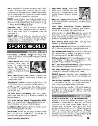 GENERAL AWARENESS – JANUARY 2016 32
MINA: Holy place for Muslims, near Mecca was in news
as over 720 people were killed and over 860 others
injured there in a stampede as Haj pilgrims jostled their
way to perform symbolic stoning of the devil, marking
the culmination of the annual Haj pilgrimage.
MECCA: Muslims’ holiest place in Saudi Arabia was in
news as at least 107 persons were killed and over 200
injured in an accident caused by crane collapsed on Sep
11 during the annual hajj pilgrimage.
COQUIMBO, CHILE: Area in Northern Chile was in
news as more than 9,000 people were left homeless
after it was struck by a 8.3-magnitude quake on
September 16.
MOUNT ASO: One of the largest volcanoes on Japan's
main southern island of Kyushu, erupted on Sep 14,
sending a plume of black smoke 2 km high, but there
were no reports of damage or injuries.
SPORTS WORLD
NOVEMBER 2015
Sania Mirza and Martina Hingis lifted their ninth
trophy of the season, winning BNP Paribas WTA Finals
in Singapore
Pankaj Advani, India's most
successful cueist won the
record 15th world title by
winning the IBSF World
Snooker Championship in
Egypt, defeating Zhua Xintong
of China.
Heena Sidhu has won Gold in 10 metre Air Pistol event
at 13th Asian Shooting Championships in Kuwait. Jitu
Rai won silver medal
Shiva Thapa, top Indian boxer was ranked number 2 in
the latest international rankings in the 56 kg category.
Siril Verma, 16 year old shuttler from India won the
silver medal at the BWF World Junior Championships
held in Lima, Peru.
8th Men’s Junior Asia Hockey Cup: India’s junior
men’s team won the cup at Kuantan, Malaysia by
defeating Pakistan.
69th senior National Aquatic Championships 2015:
Mana Patel (women) and Virdhawal Khade (men) were
declared the best swimmers, at Rajkot, Gujarat.
Surjit Hockey Tournament: Railways defeated Indian
Oil in the finals played in Jalandhar.
Wasim Jaffer became the first player in Ranji Trophy
history to notch up 10,000 runs. He reached the
milestone playing against Bengal in Kolkata.
Anju Bobby George, former long
jump world champion has been
appointed as the chairperson of the
Target Olympic Podium Scheme
(TOPS).
Shashank Manohar, BCCI President was authorised to
represent BCCI in ICC (International Cricket Council) as
its Chairman.
China Open Superseries Premier Badminton
tournament: Xuerui Li of China beats Saina Nehwal to
win the Women's Singles title at Fuzhou, China.
World number one Novak Djokovic has become the
first player to win the season-ending ATP World Tour
Finals for the fourth consecutive time by beating Roger
Federer in the finals played in London.
Swiss Indoors Basel Tennis title: Won by Roger
Federer by defeating Rafael Nadal
Agnieszka Radwanska, of Poland, won the BNP Paribas
WTA Finals title at Singapore, beating Petra Kvitova
Nico Rosberg of Germany won the Mexican Grand Prix
F1 championship in Mexico City and the Brazilian
Formula One Grand Prix at Sao Paulo, Brazil.
The Czech Republic won the prestigious women’s team
tennis trophy - Fed Cup after beating Russia in final
played in Prague, capital of Czech Republic.
FIFA Under 17 Football World Cup: Nigeria defeated
Mali to win the championship held in Chile.
The Rugby World Cup: New Zealand lifted the cup
beating Australia in the Final played in London
Mitchell Johnson, Australia’s most devastating fast
bowler of his era, retired from all international cricket
on Nov 17.
The first ever day-night Test match in the history of
cricket started as the third Test between Australia and
New Zealand at the Adelaide Oval in Australia.
Belgium moved to the top of the FIFA world ranking list
in football for the first time, leaving behind giants like
Argentina and world champions Germany. India ranks
pretty low at 172nd place.
OCTOBER 2015
HIGHER DIET MONEY FOR SPORTSPERSONS
Ministry of Sports has decided to enhance the diet
allowance for national level sports persons. The athletes
competing in the power games under Category ‘A’
(boxing, judo, taekwondo, weightlifting and throw
events in athletics) will receive Rs. 700 per day against
Rs. 320 at present. Athletes under Category ‘B’ (sprint
and team events) will get Rs400 per day, while
sportspersons under Category ‘C’ (golf, shooting and
archery) will be entitled for Rs. 300 per day.
 